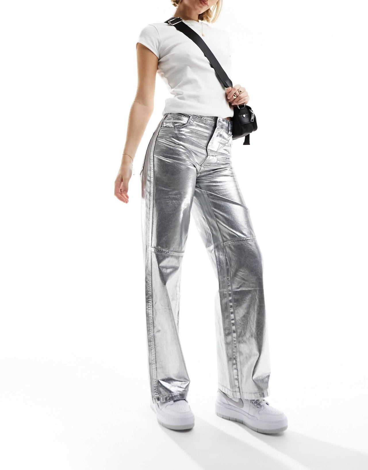Bershka cracked faux leather straight leg trousers in gunmetal silver - ASOS Sample Sale