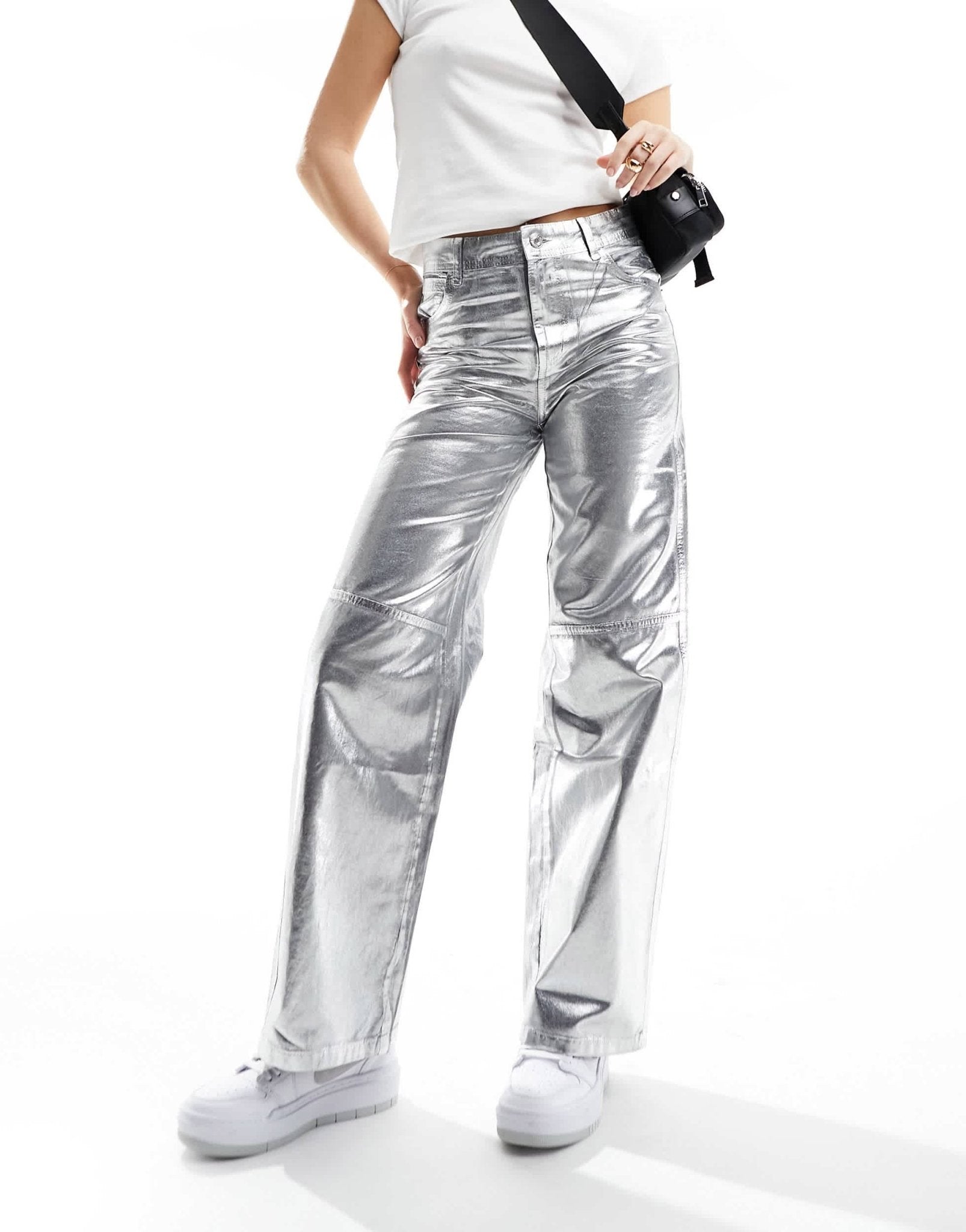Bershka cracked faux leather straight leg trousers in gunmetal silver - ASOS Sample Sale
