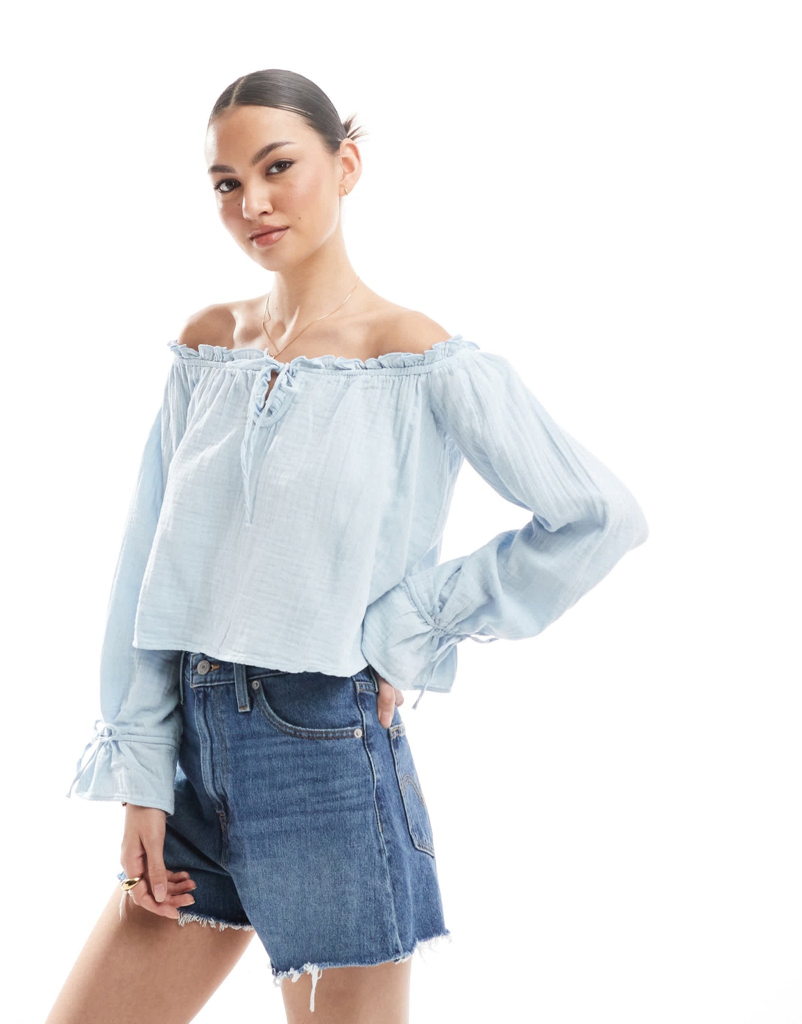 Bershka crinkle bardot top in light blue - ASOS Sample Sale