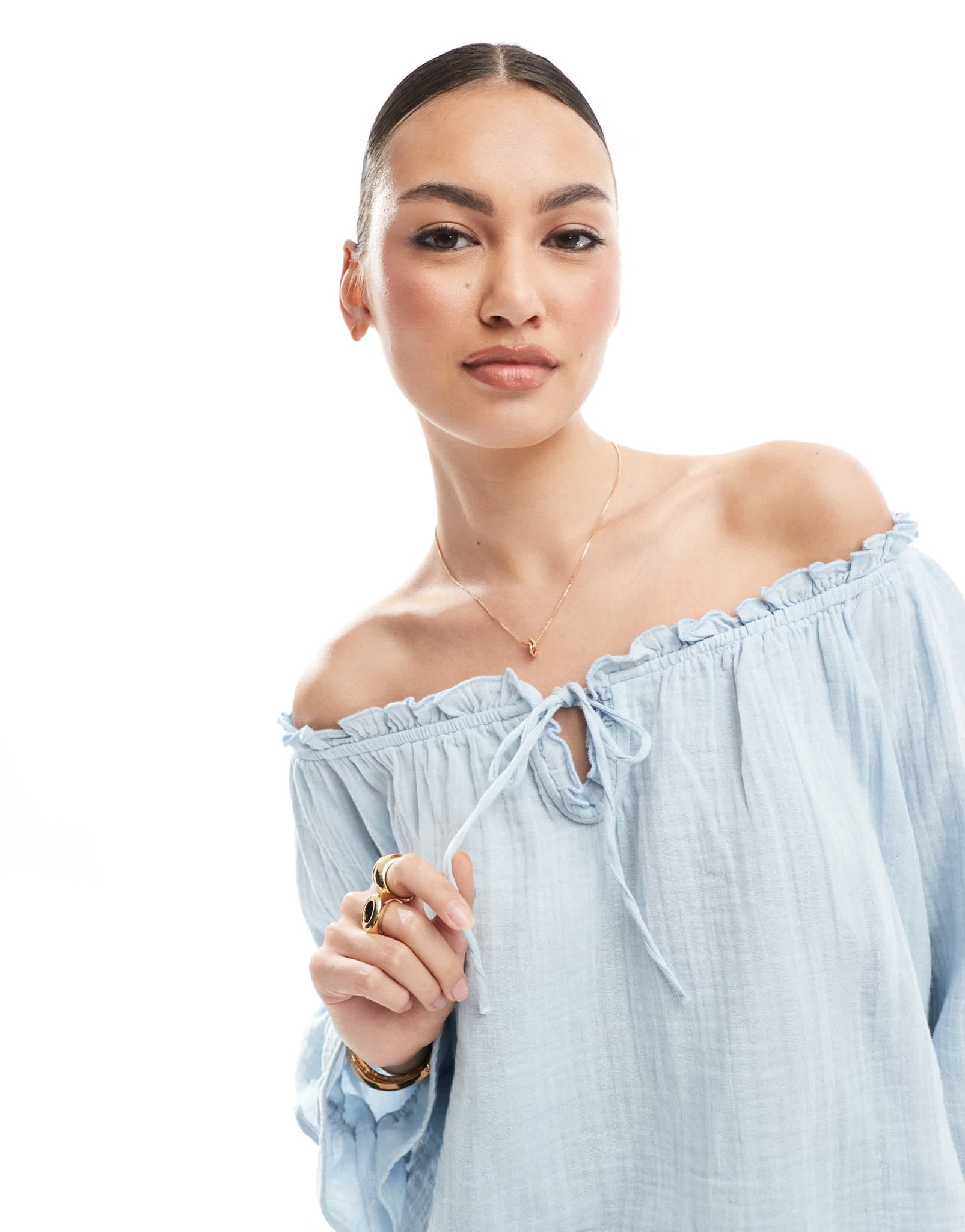 Bershka crinkle bardot top in light blue - ASOS Sample Sale