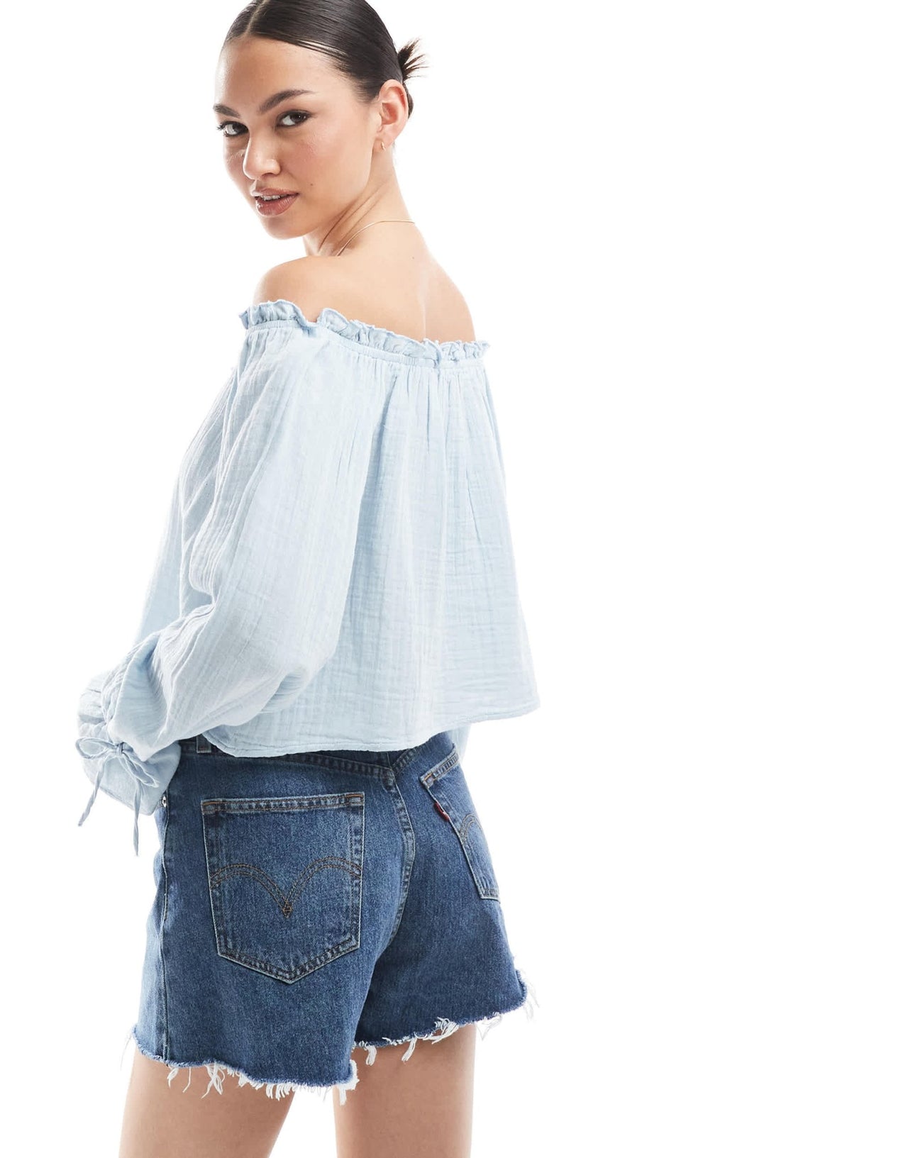 Bershka crinkle bardot top in light blue - ASOS Sample Sale