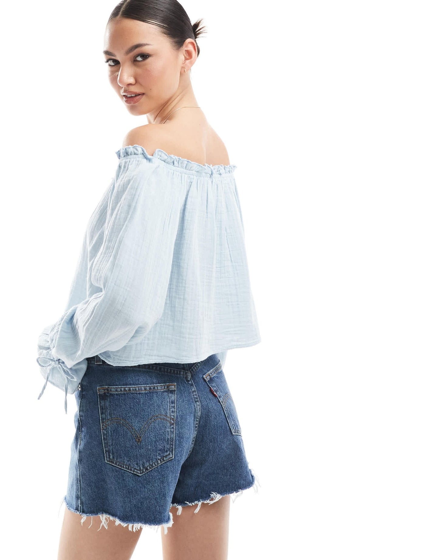 Bershka crinkle bardot top in light blue - ASOS Sample Sale