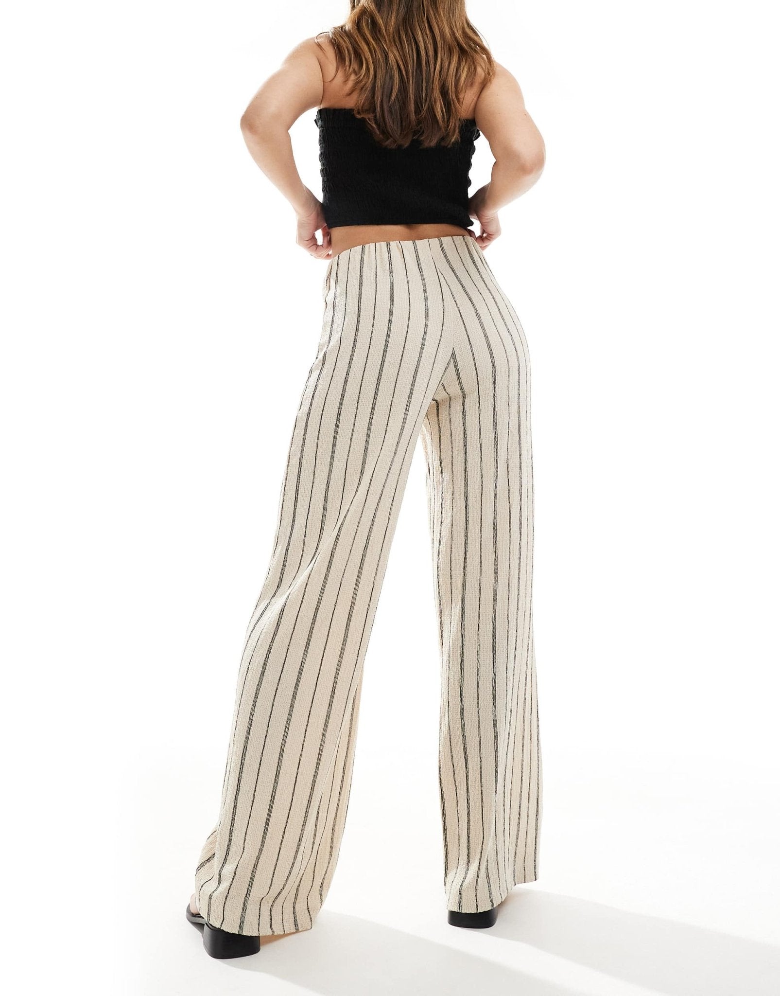 Bershka crinkle wide leg trousers in ecru stripe - ASOS Sample Sale