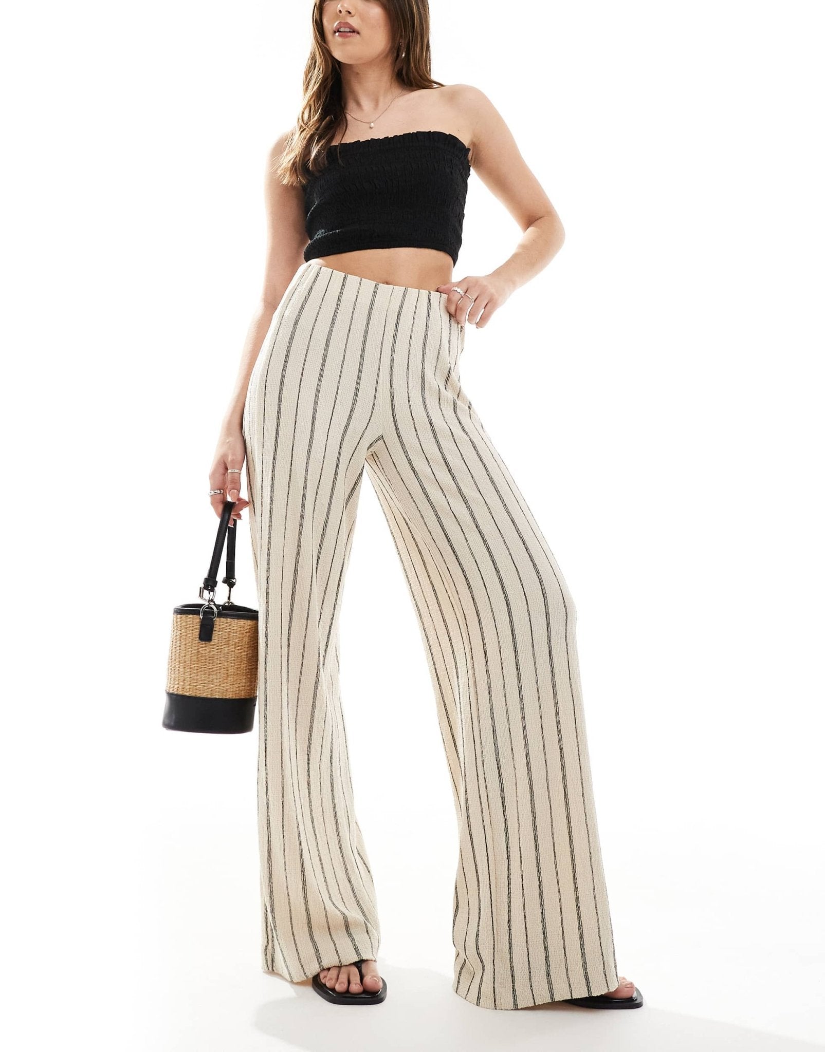Bershka crinkle wide leg trousers in ecru stripe - ASOS Sample Sale