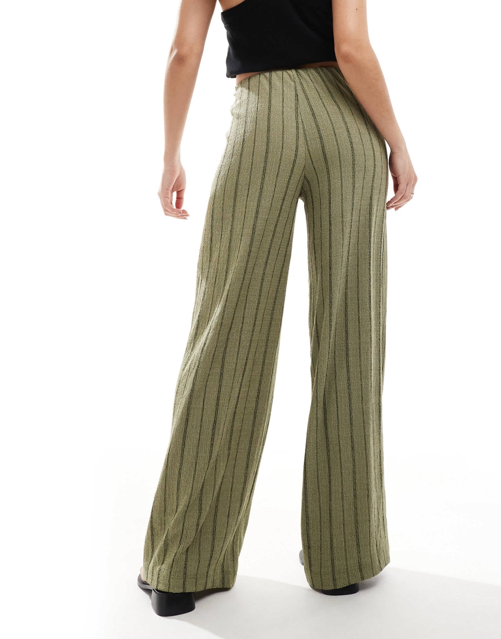 Bershka crinkle wide leg trousers in khaki stripe - ASOS Sample Sale