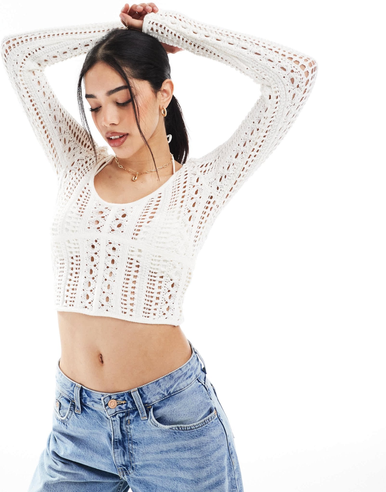 Bershka crochet v-neck top in ecru - ASOS Sample Sale