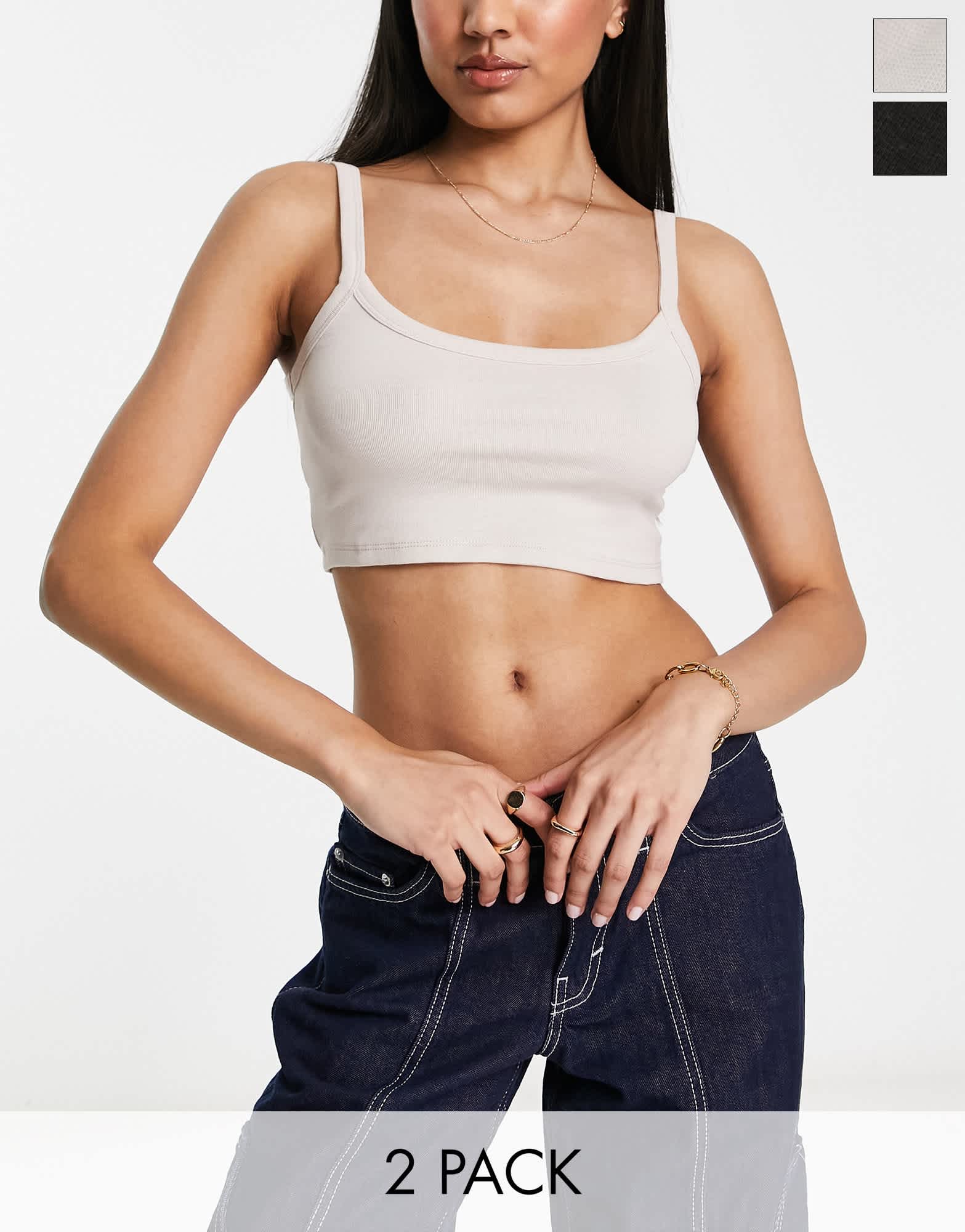 Bershka cropped bralet vest top 2 pack in beige and navy - ASOS Sample Sale