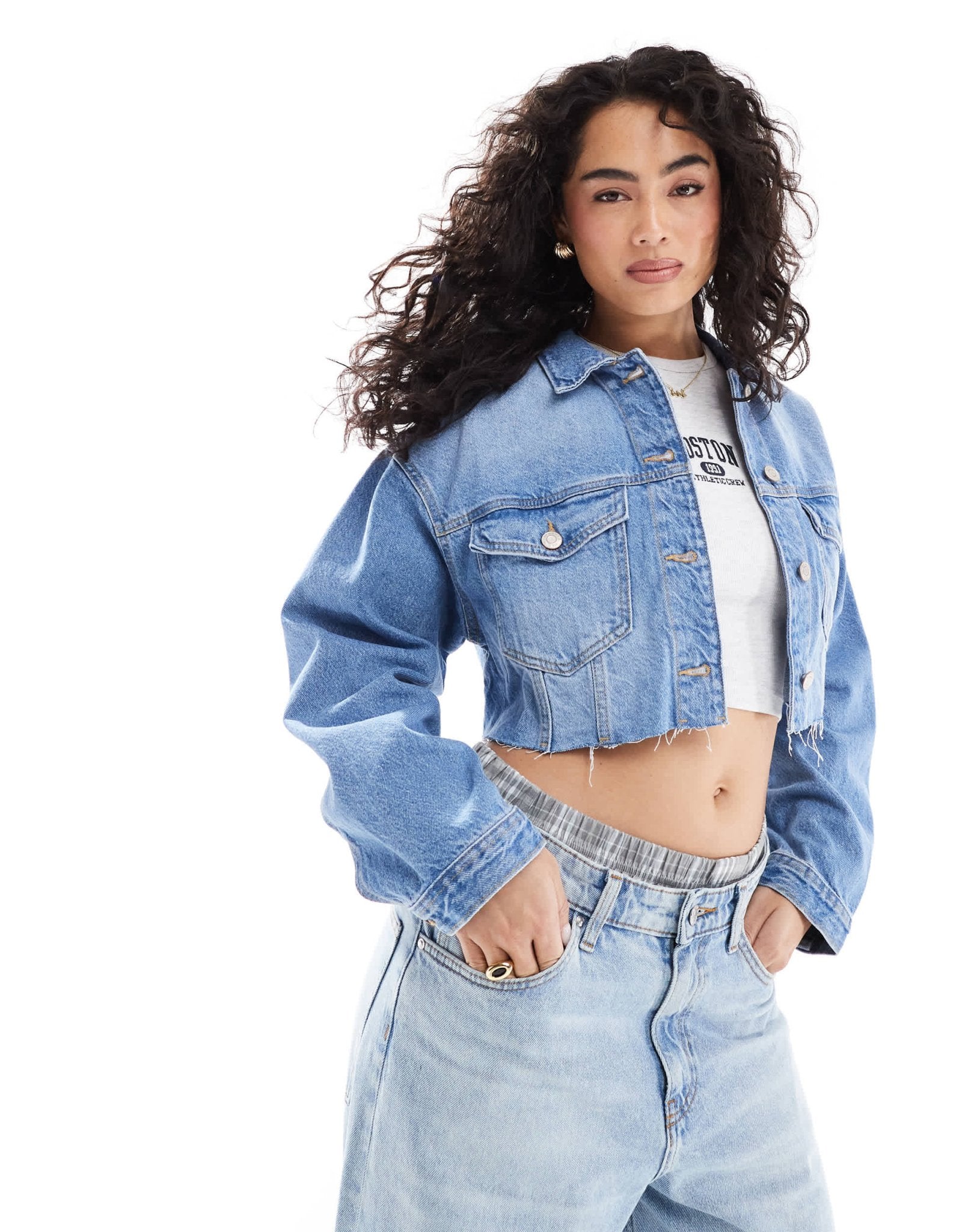 Bershka cropped denim jacket in mid blue - ASOS Sample Sale