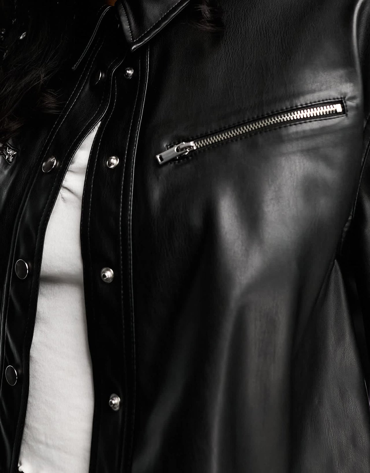 Bershka cropped faux leather overshirt in black - ASOS Sample Sale