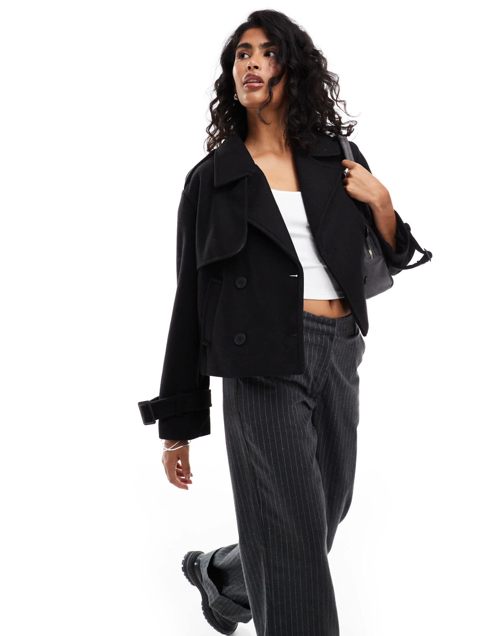 Bershka cropped wool look trench coat in black - ASOS Sample Sale
