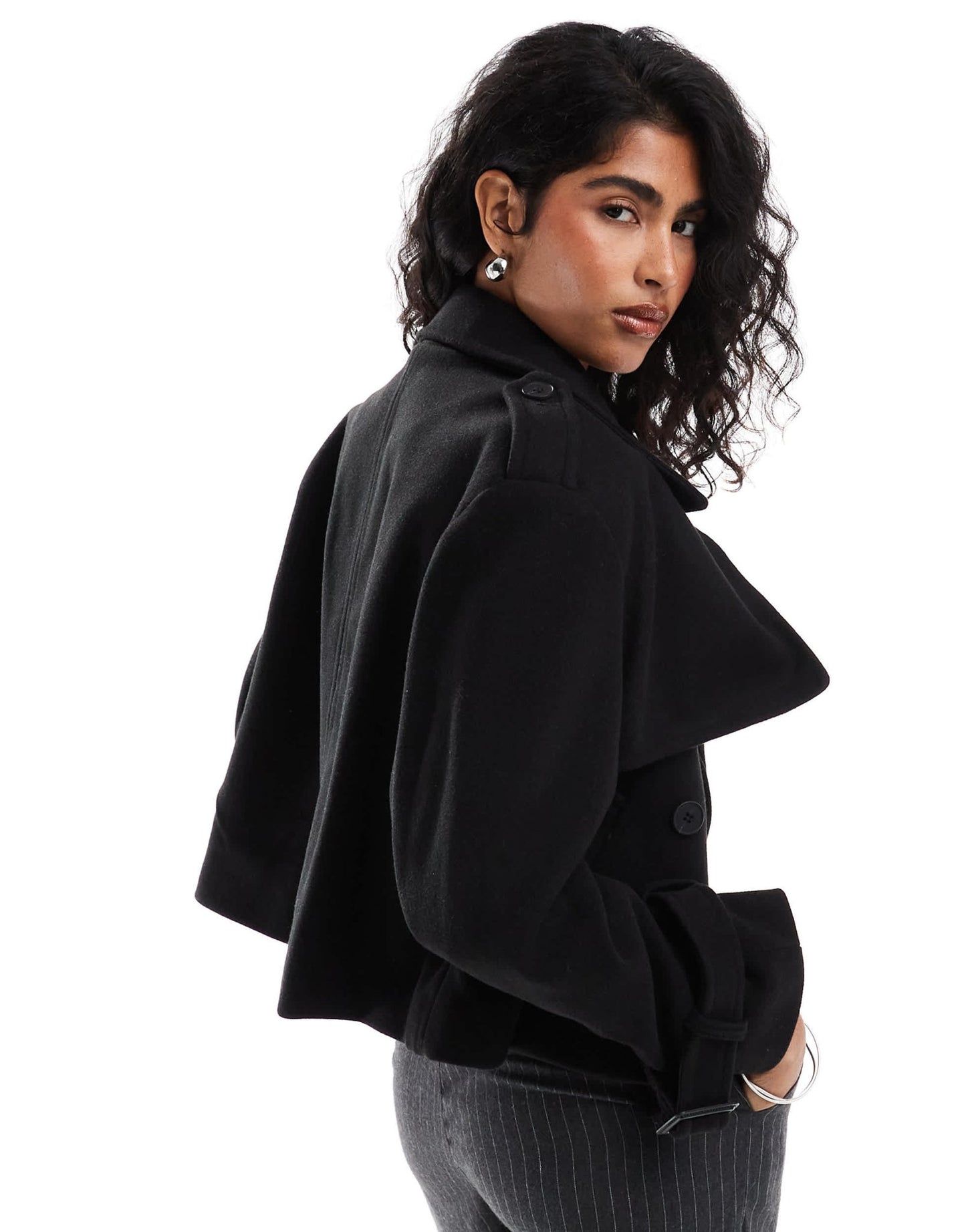 Bershka cropped wool look trench coat in black - ASOS Sample Sale