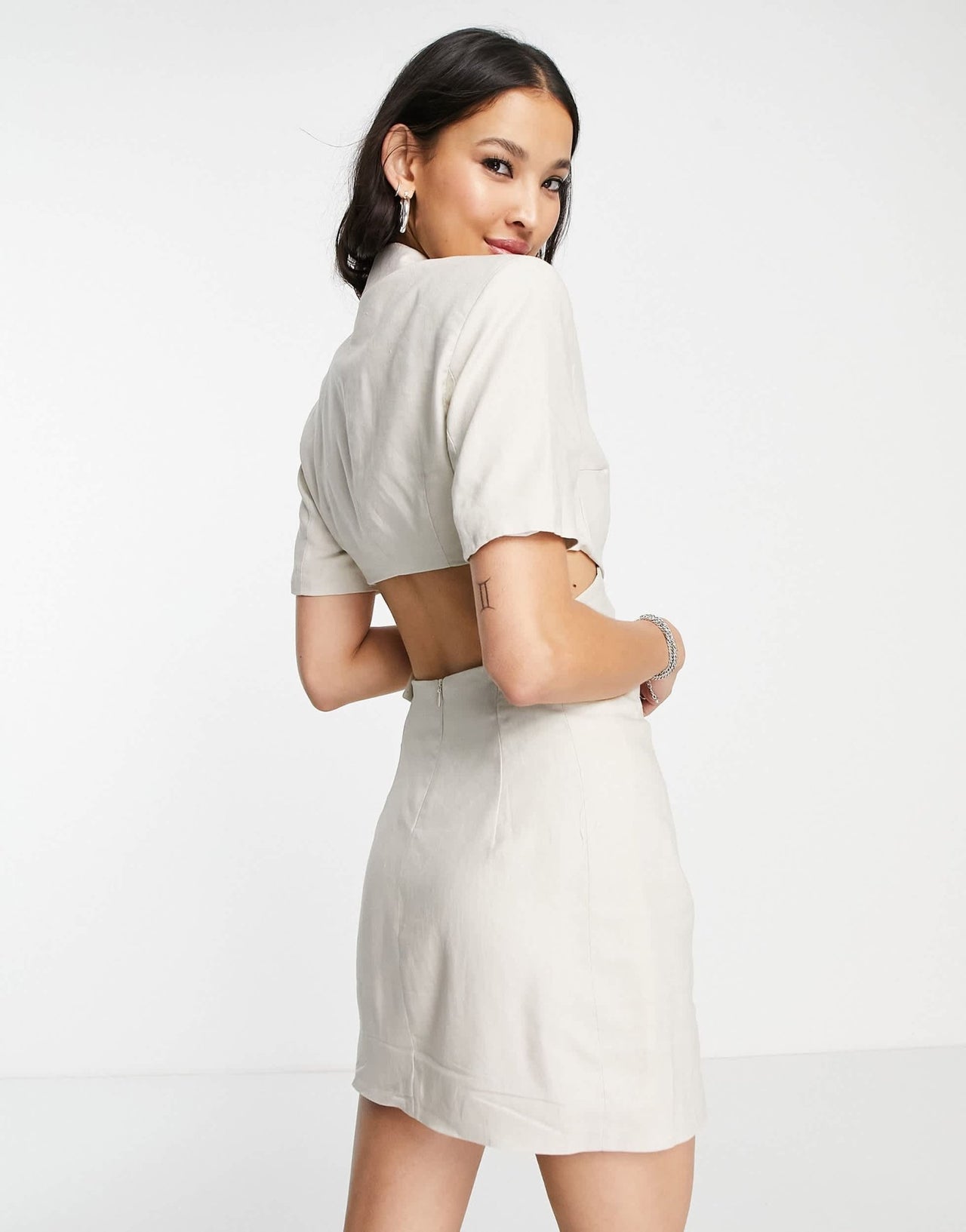 Bershka cross strap detail tailored mini dress in ecru - ASOS Sample Sale