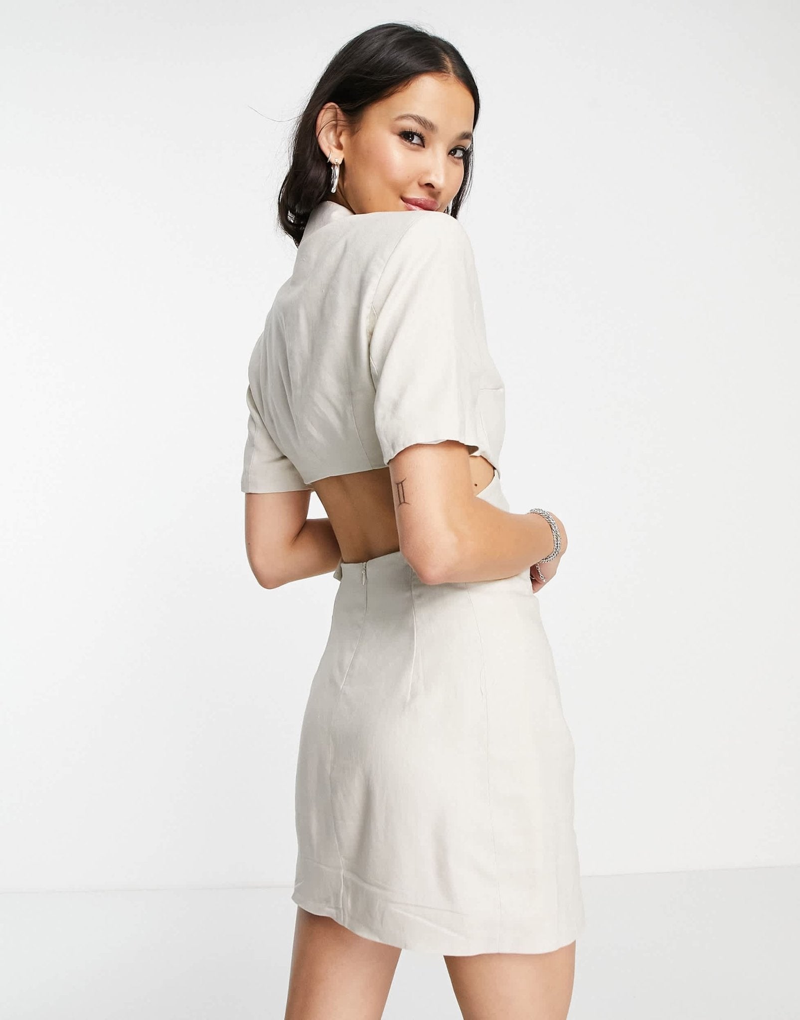Bershka cross strap detail tailored mini dress in ecru - ASOS Sample Sale