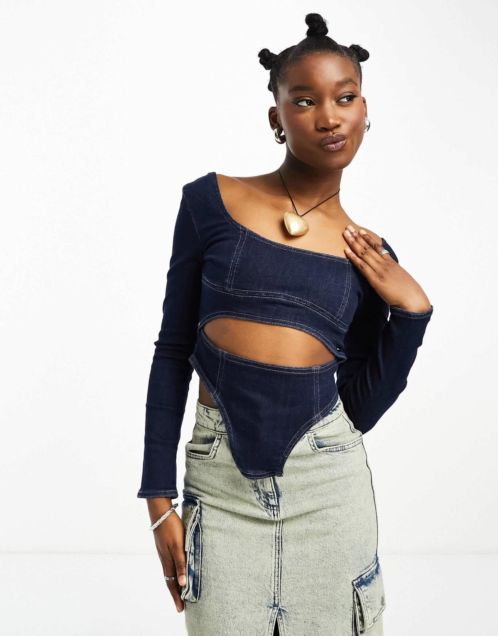 Bershka cut out front denim top in blue - ASOS Sample Sale