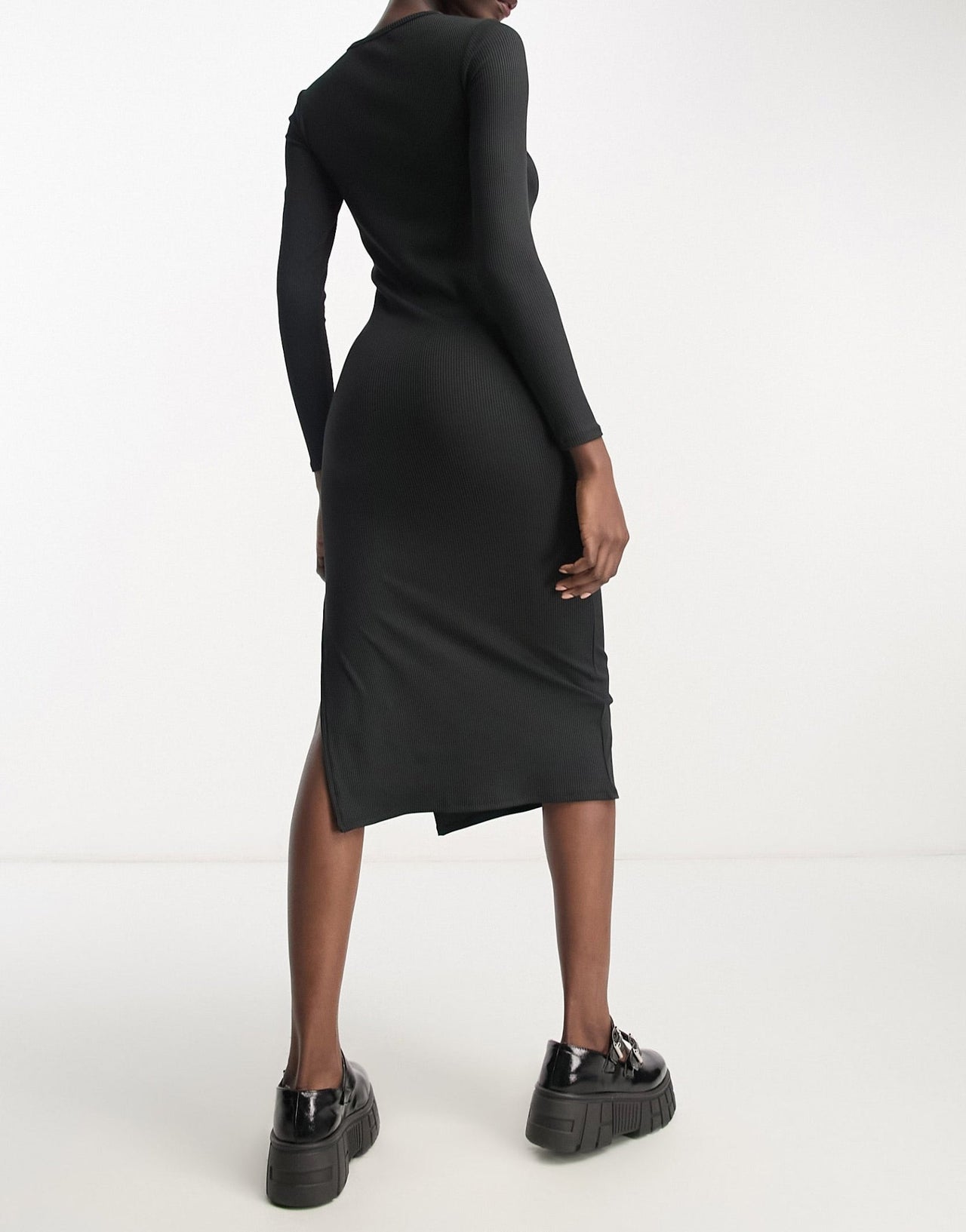 Bershka cut out neck ribbed bodycon midi dress in black - ASOS Sample Sale