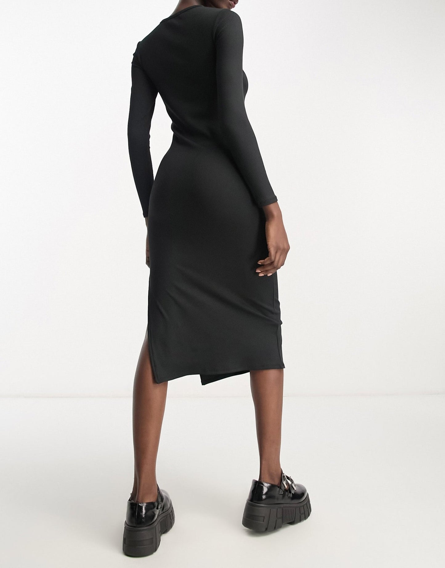Bershka cut out neck ribbed bodycon midi dress in black - ASOS Sample Sale