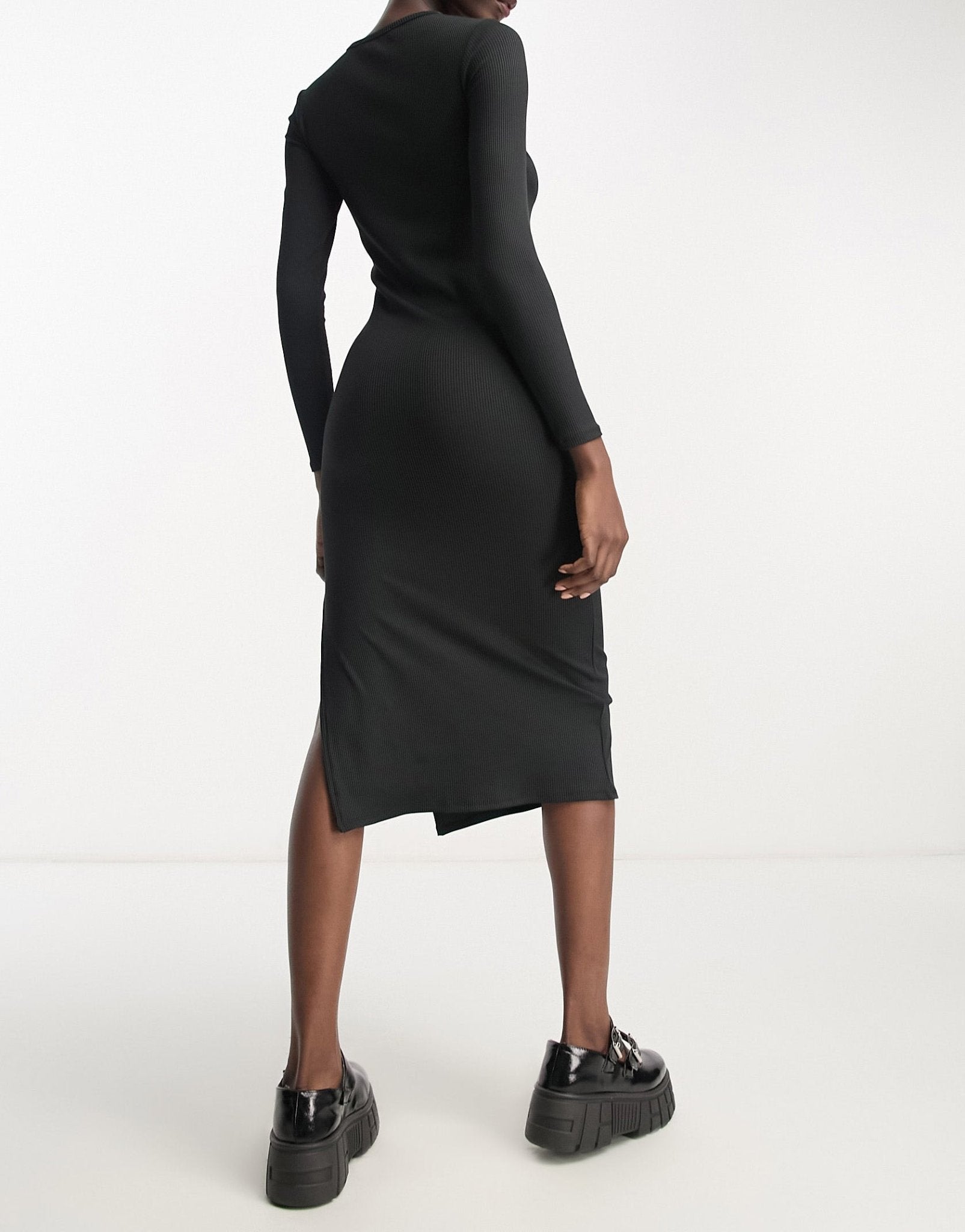 Bershka cut out neck ribbed bodycon midi dress in black - ASOS Sample Sale
