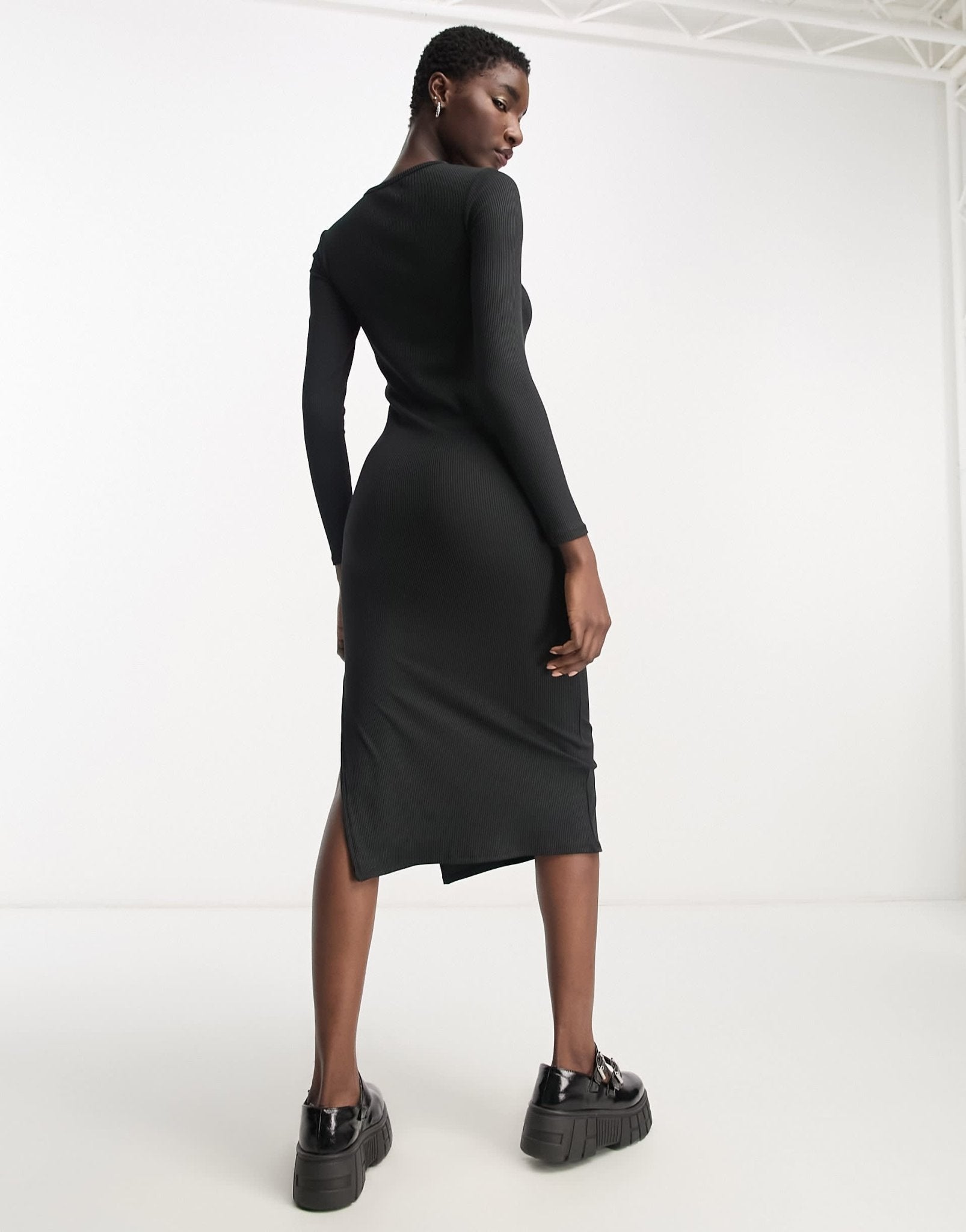 Bershka cut out neck ribbed bodycon midi dress in black - ASOS Sample Sale