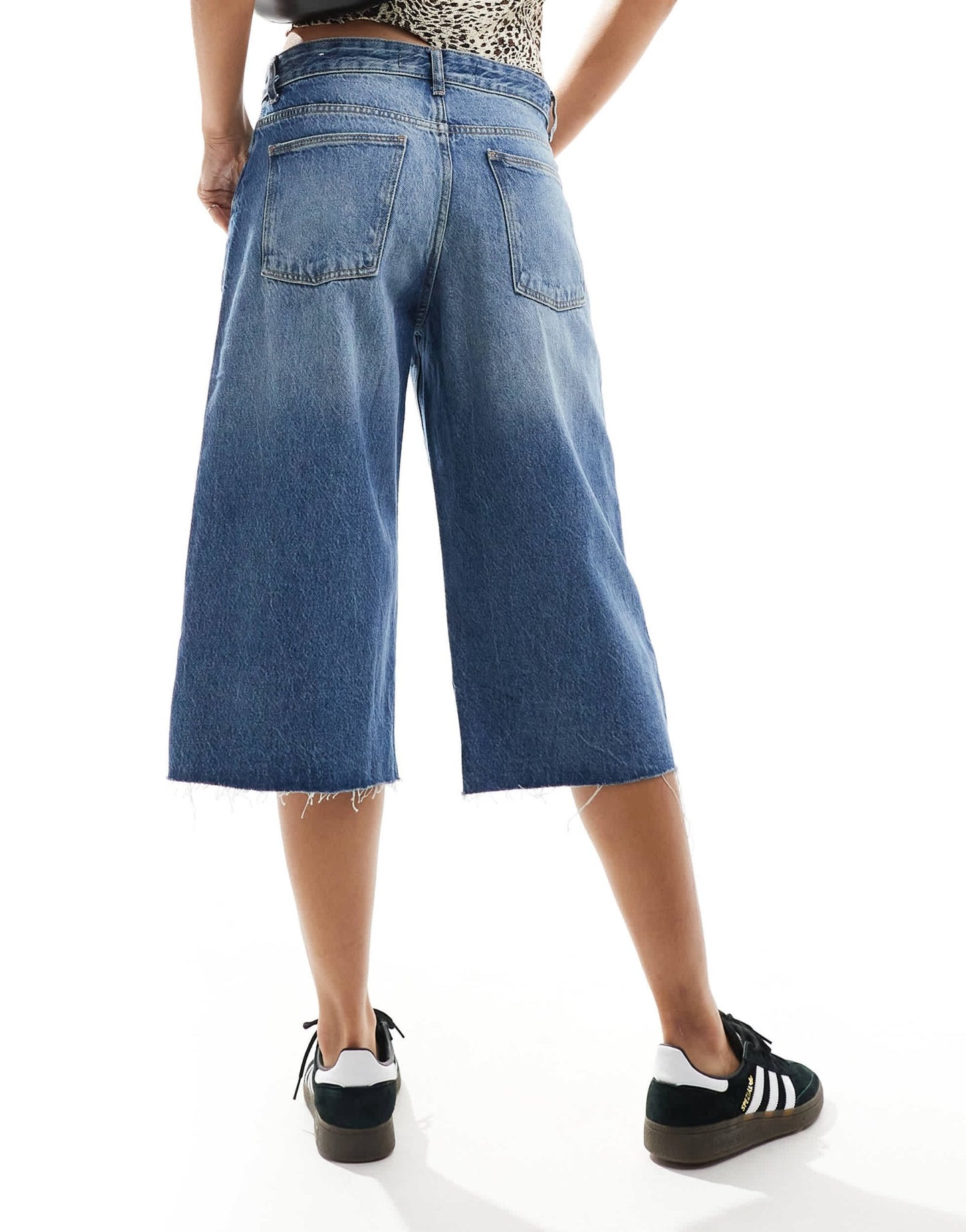 Bershka denim longline jorts in dark wash blue - ASOS Sample Sale