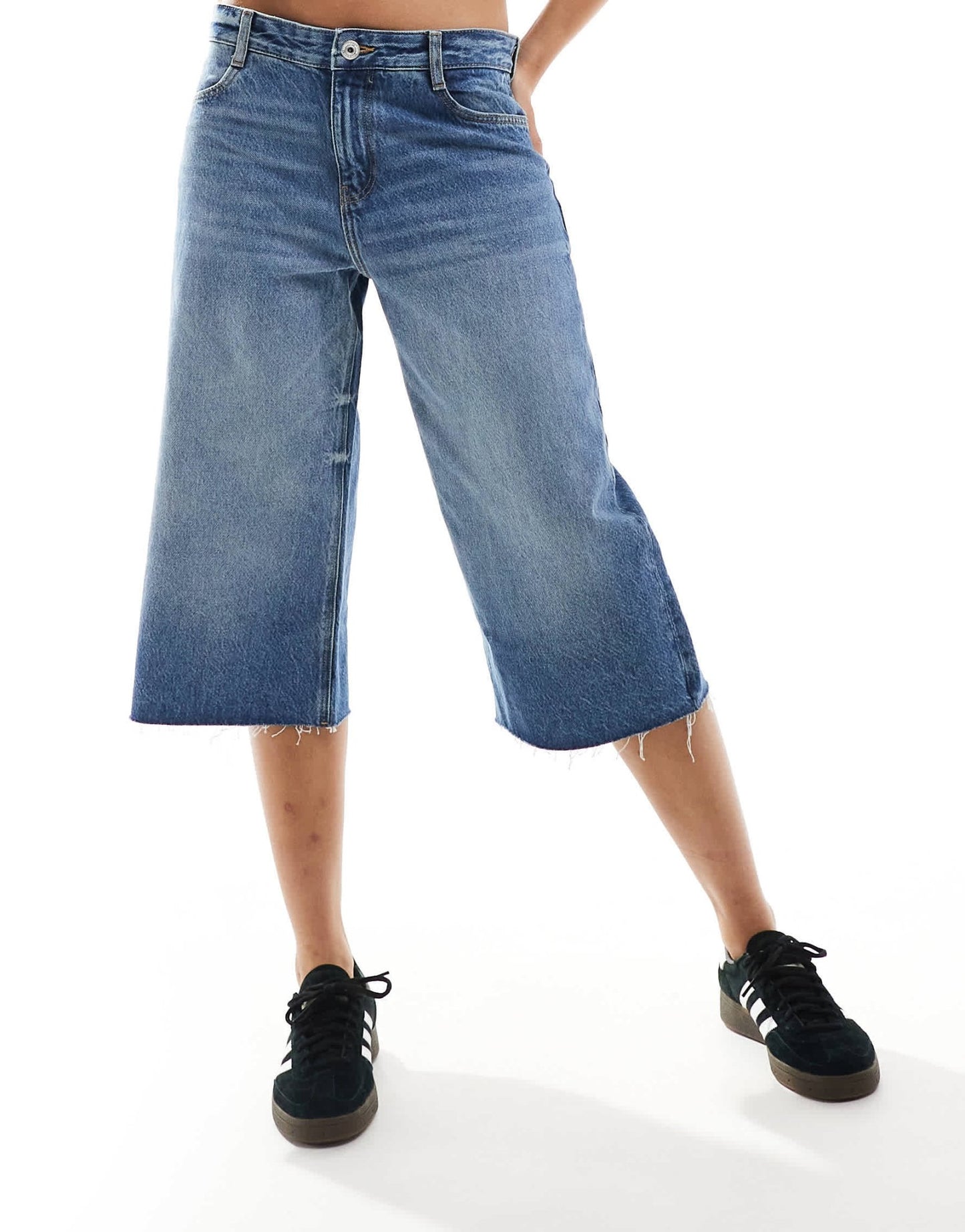 Bershka denim longline jorts in dark wash blue - ASOS Sample Sale
