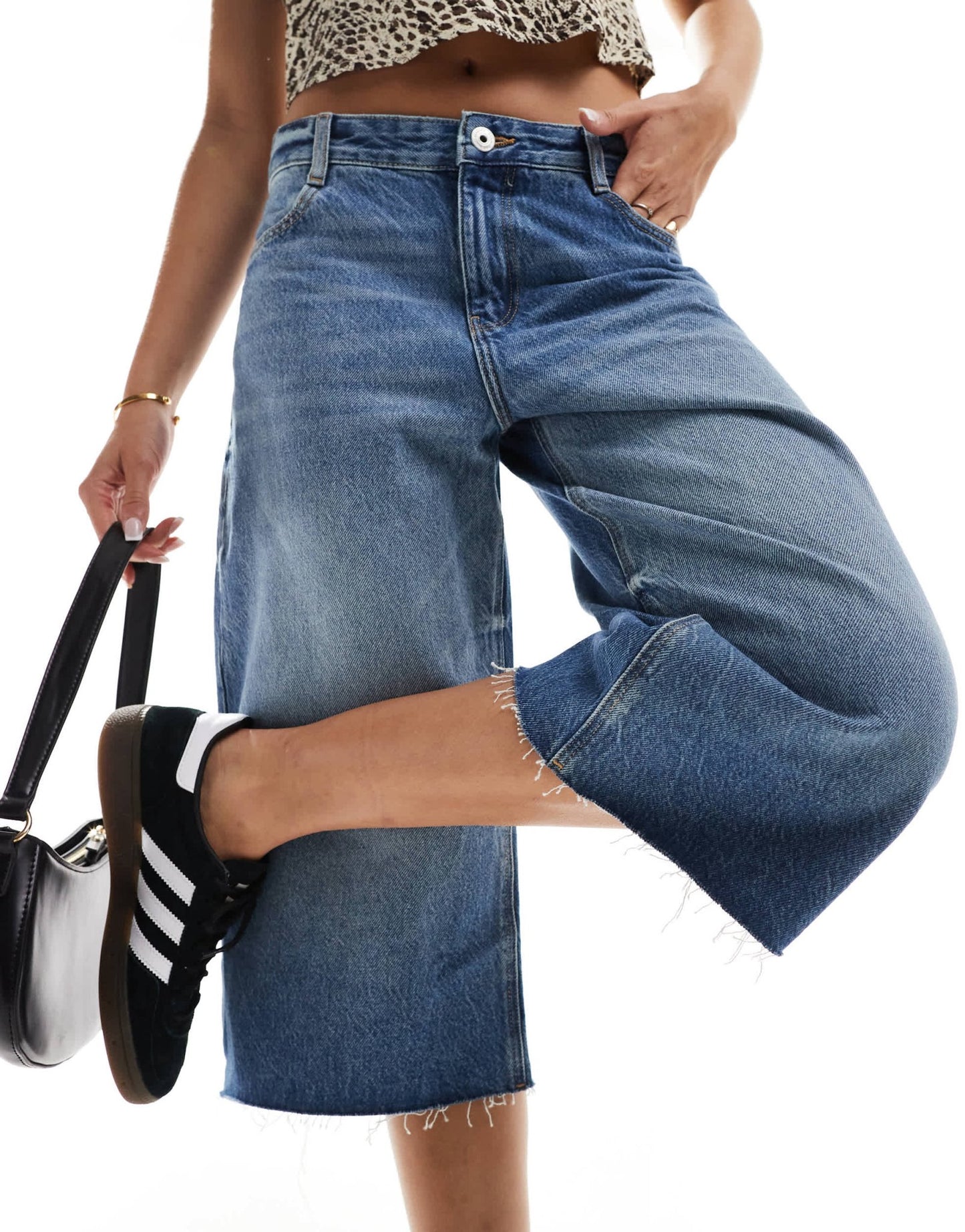 Bershka denim longline jorts in dark wash blue - ASOS Sample Sale