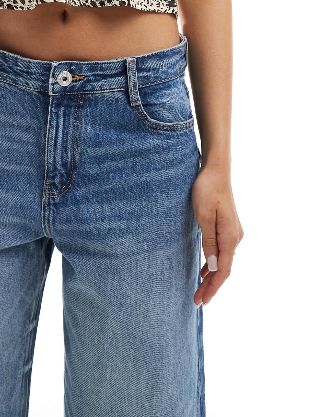 Bershka denim longline jorts in dark wash blue - ASOS Sample Sale