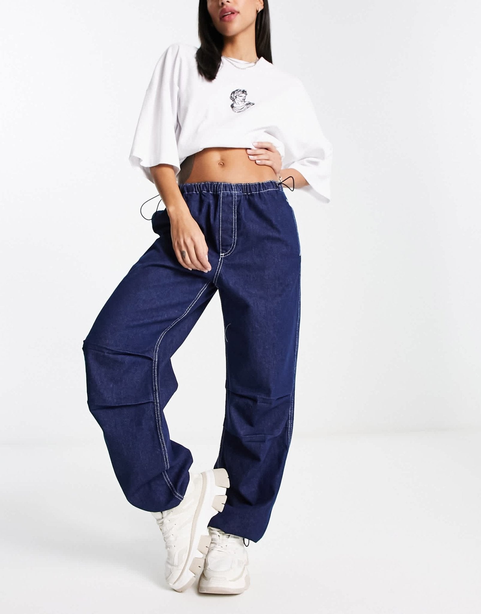 Bershka denim parachute trousers in blue - ASOS Sample Sale