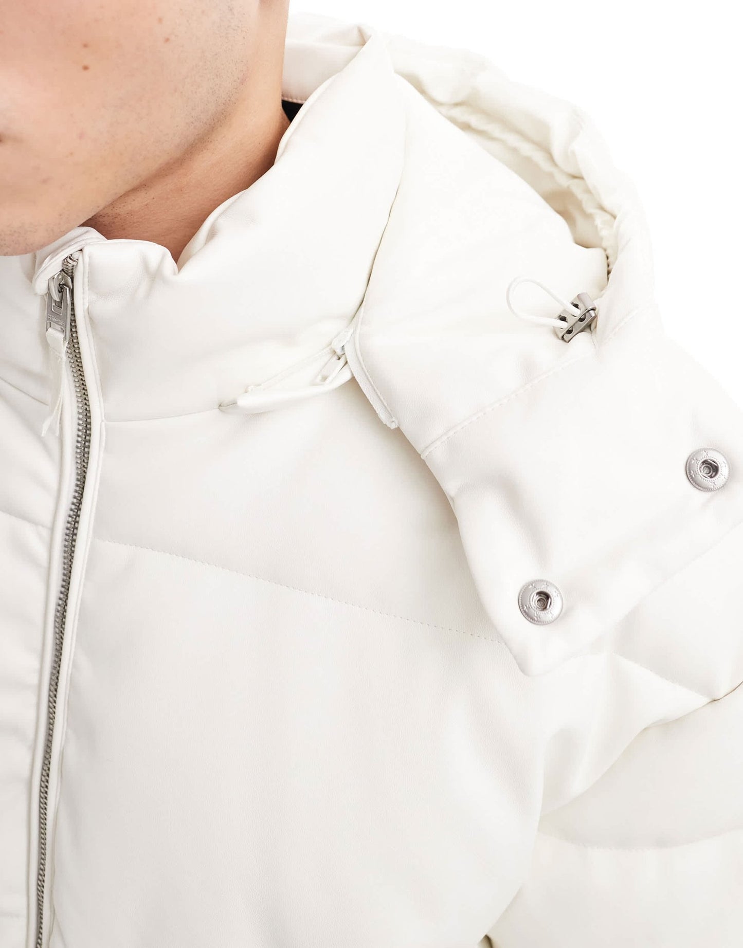 Bershka detachable hooded faux leather puffer in white - ASOS Sample Sale