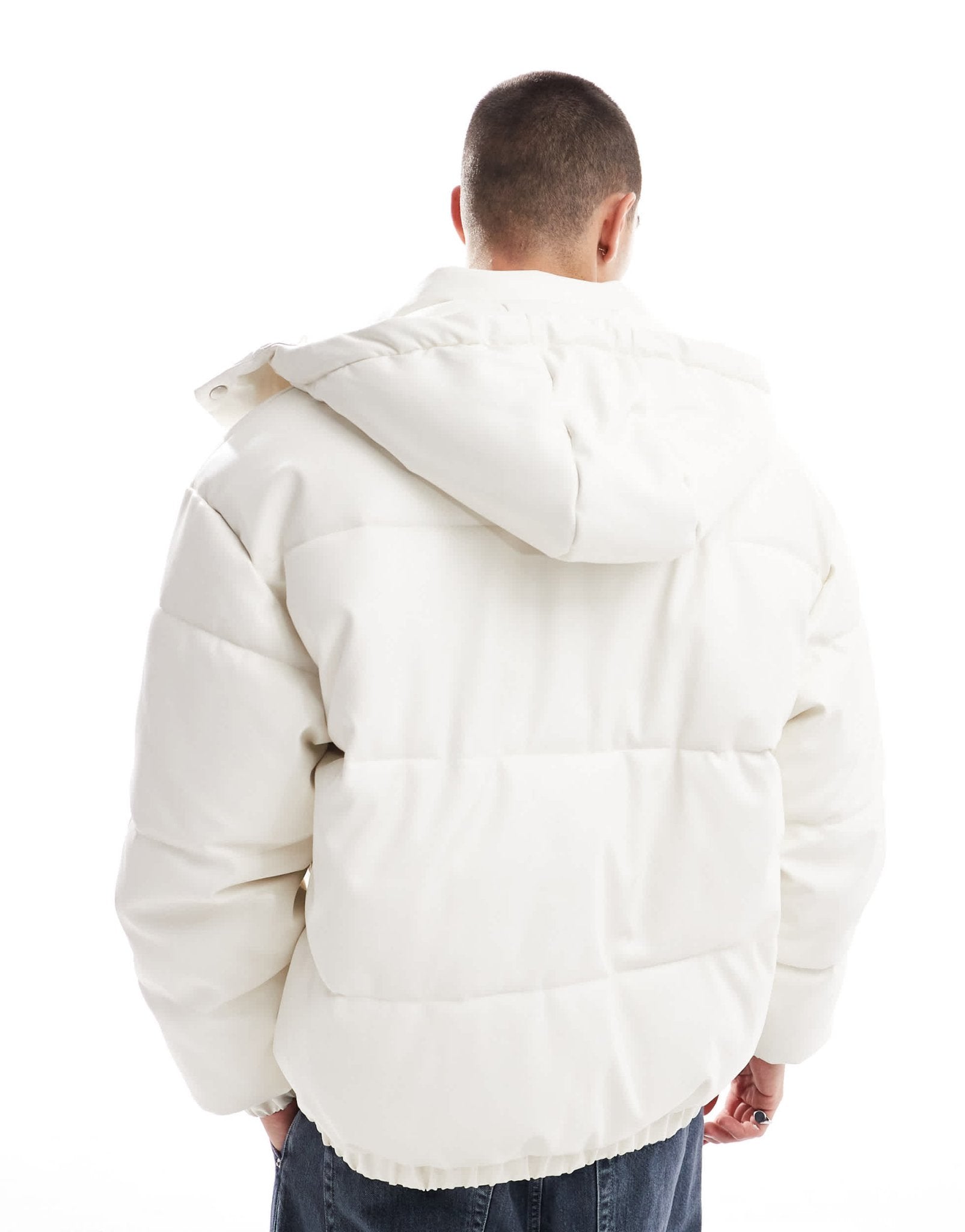 Bershka detachable hooded faux leather puffer in white - ASOS Sample Sale