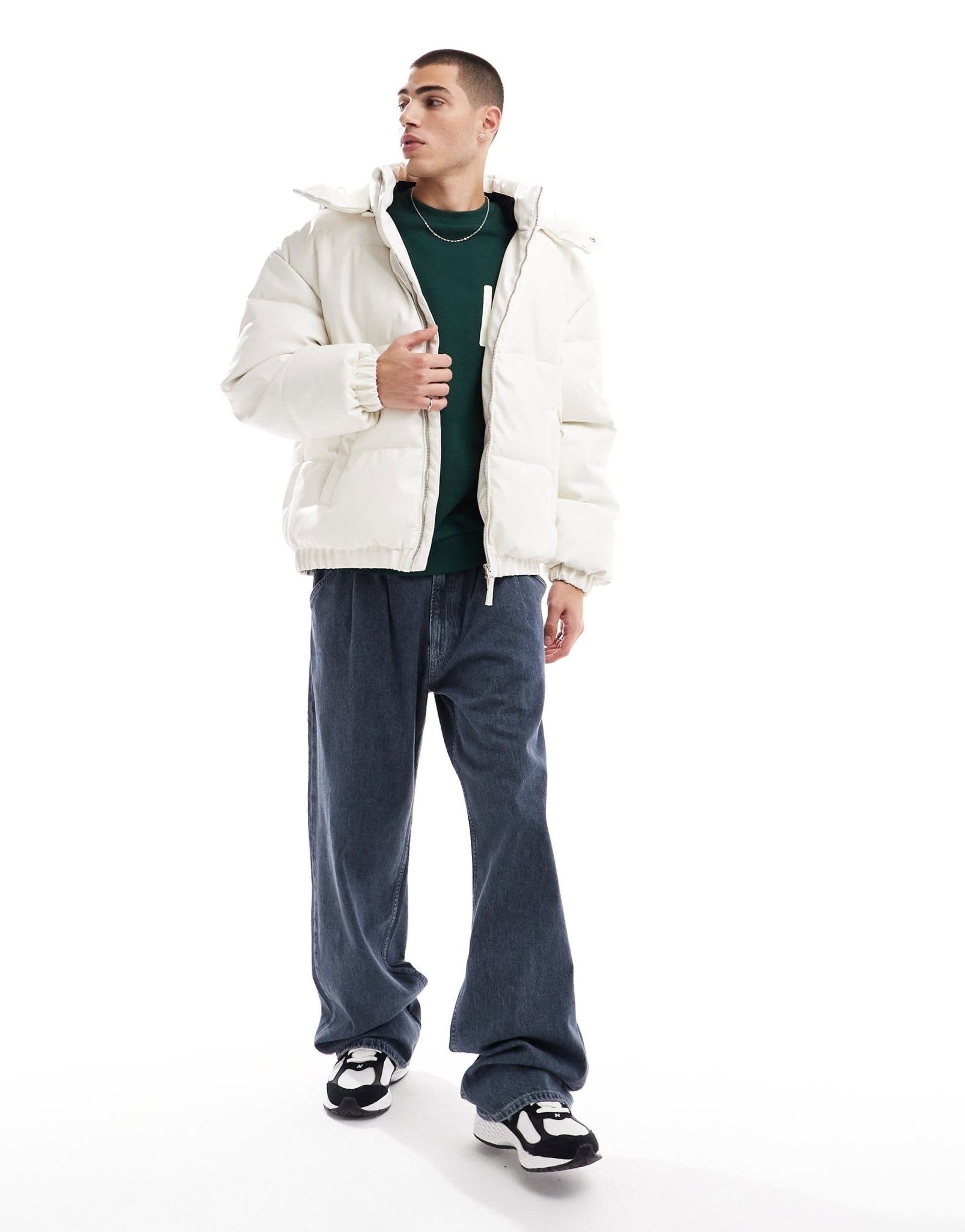 Bershka detachable hooded faux leather puffer in white - ASOS Sample Sale