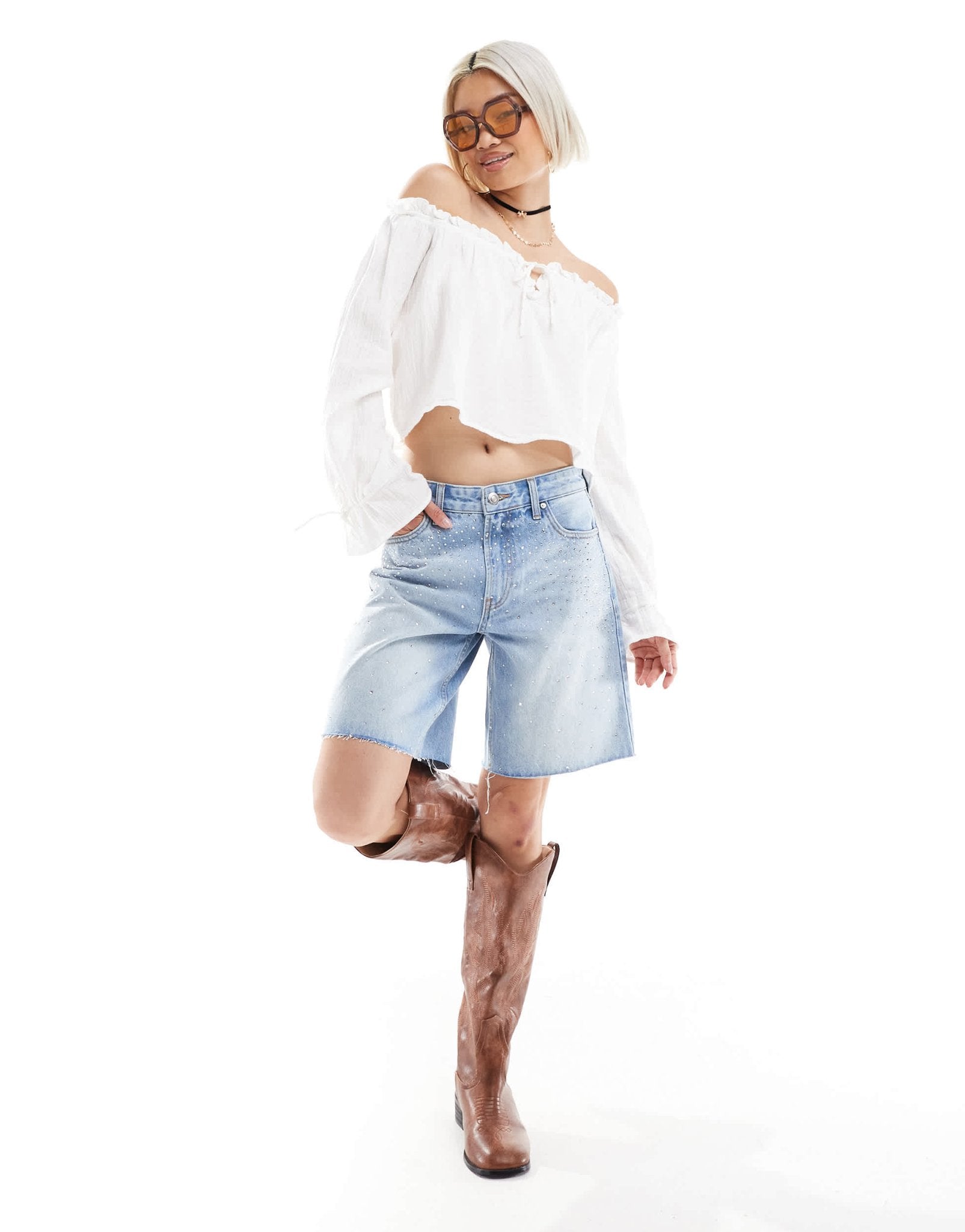 Bershka diamante longline denim shorts in mid blue - ASOS Sample Sale