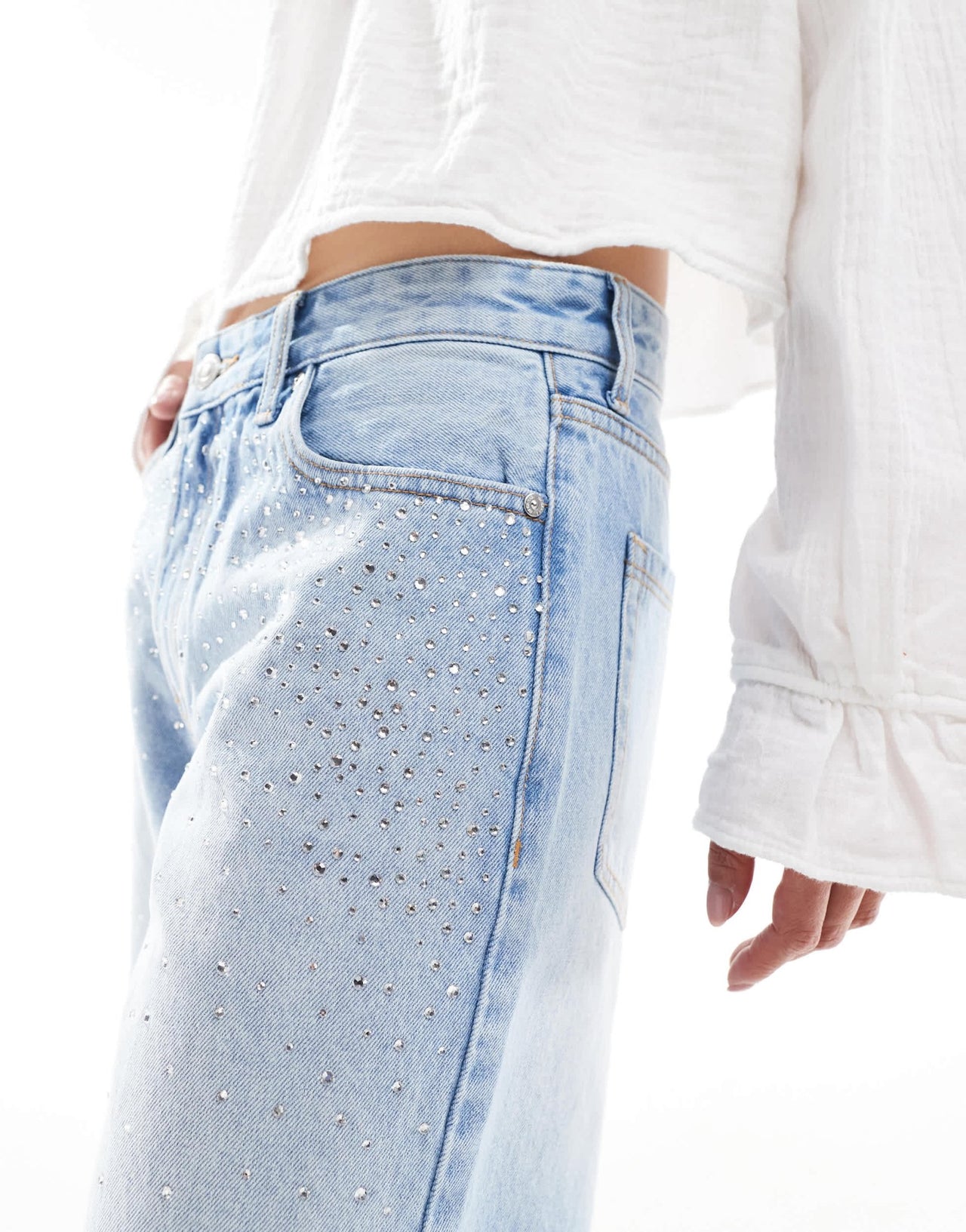 Bershka diamante longline denim shorts in mid blue - ASOS Sample Sale