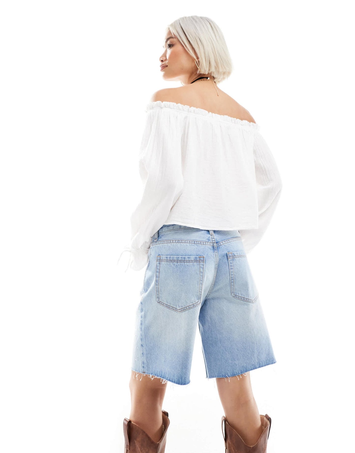 Bershka diamante longline denim shorts in mid blue - ASOS Sample Sale