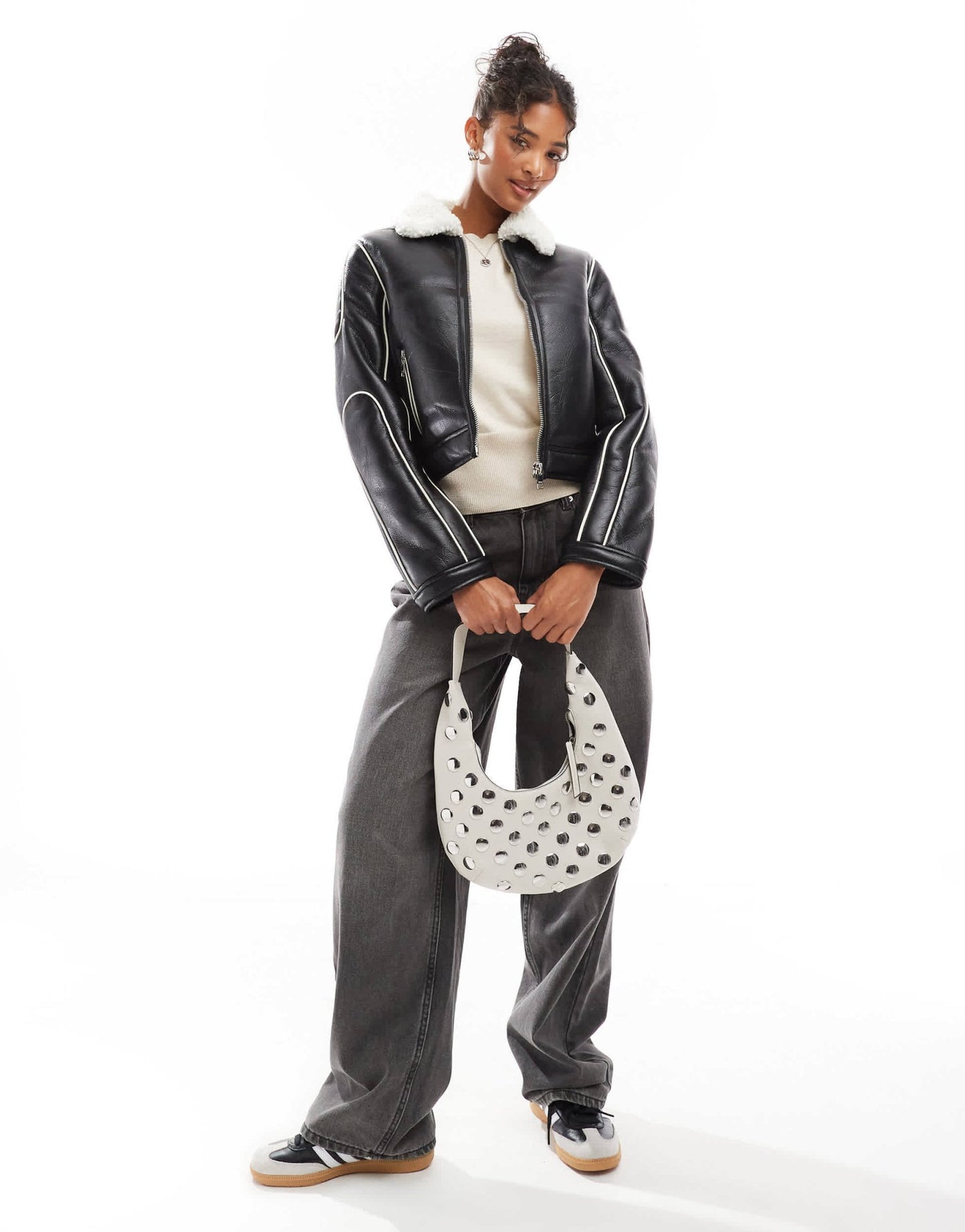 Bershka double faced aviator jacket with fur trim in black - ASOS Sample Sale