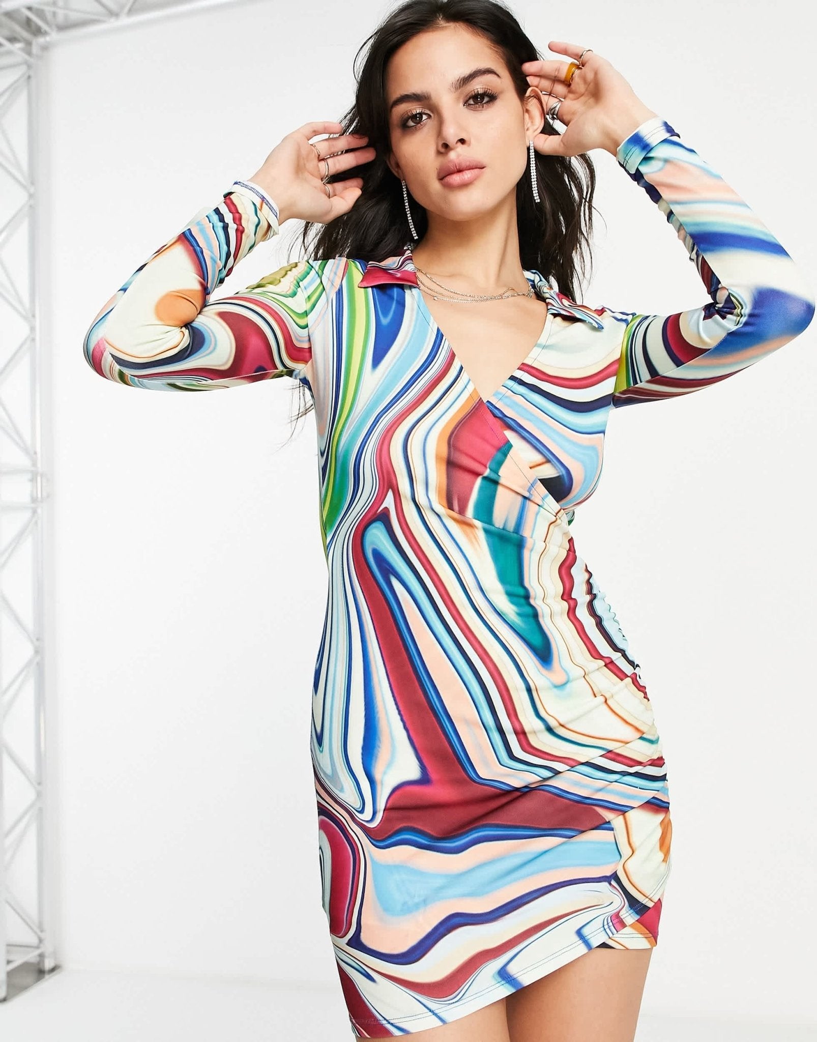 Bershka drape shirt dress in multi holographic print - ASOS Sample Sale