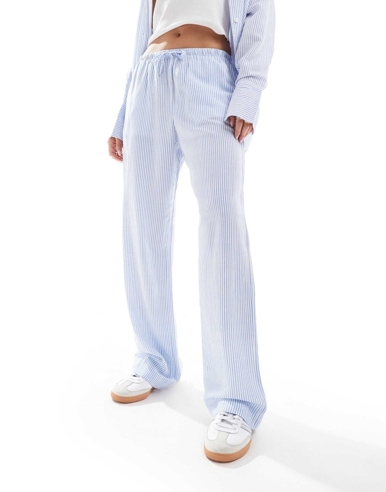 Bershka drawstring waist wide leg trousers co - ord in light blue pinstripe - ASOS Sample Sale