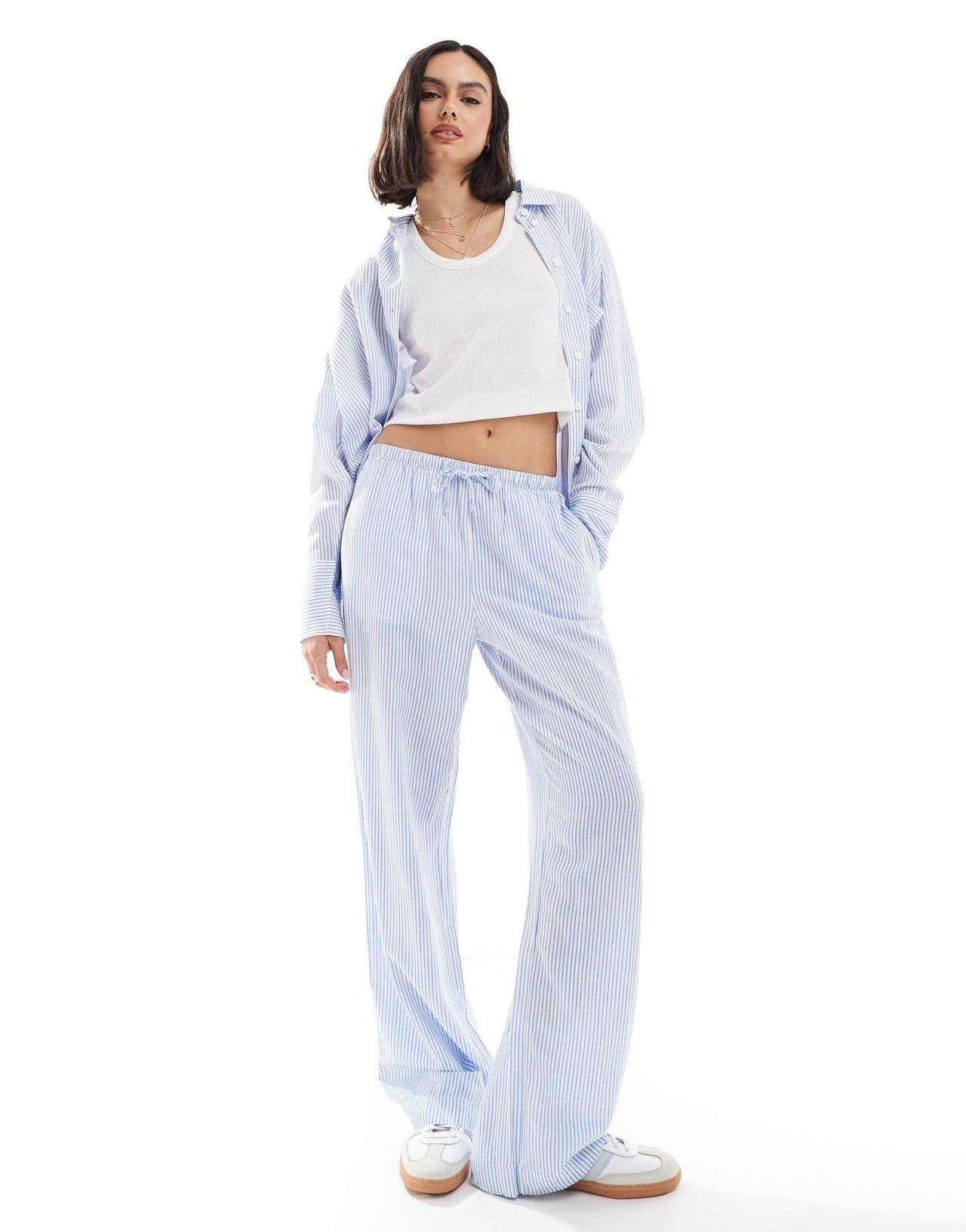 Bershka drawstring waist wide leg trousers co - ord in light blue pinstripe - ASOS Sample Sale