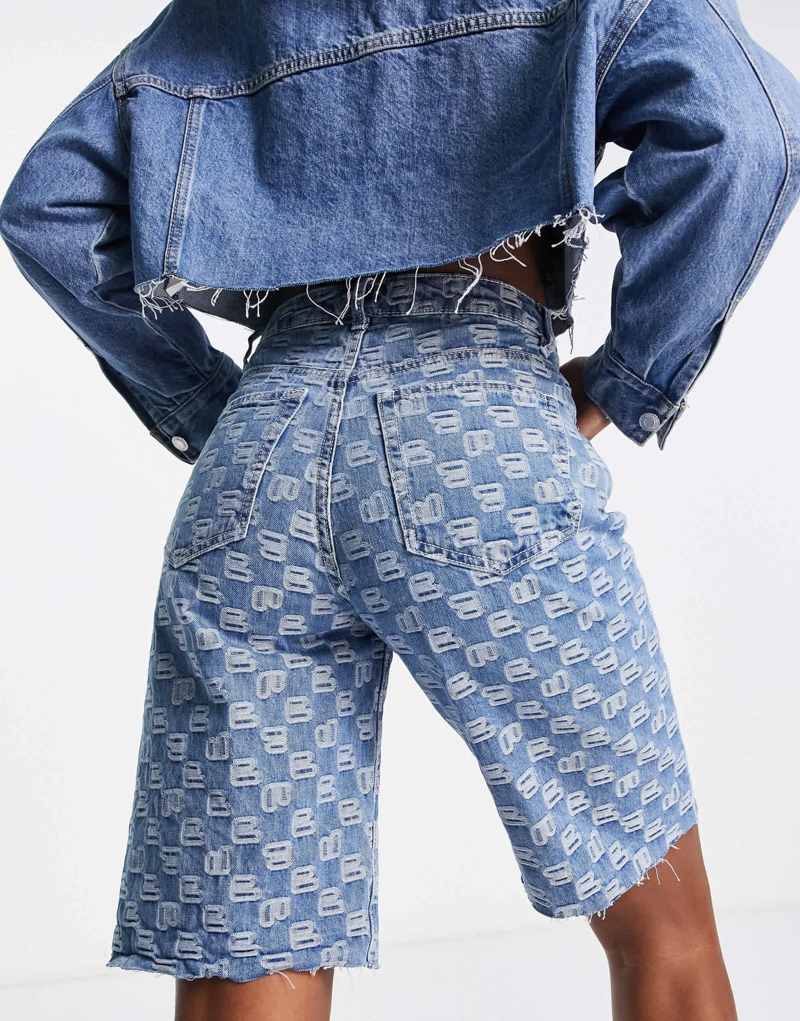 Bershka embossed logo bermuda shorts in mid blue - ASOS Sample Sale