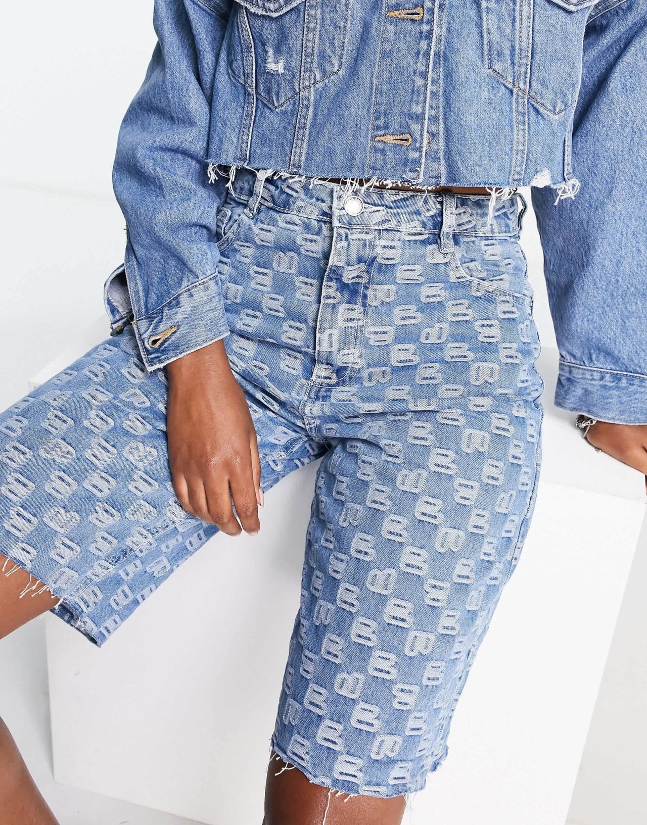 Bershka embossed logo bermuda shorts in mid blue - ASOS Sample Sale