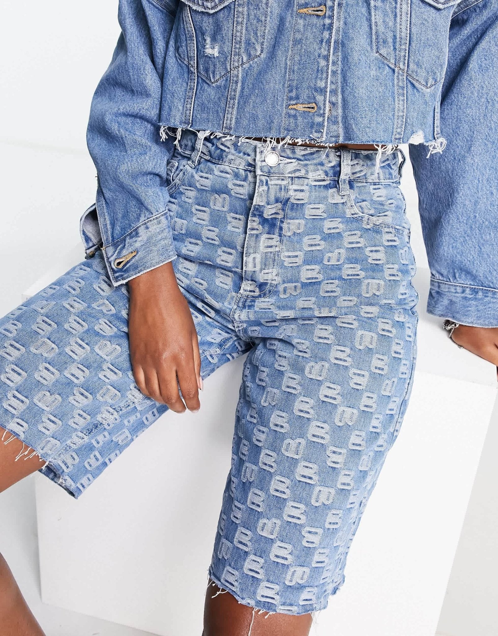 Bershka embossed logo bermuda shorts in mid blue - ASOS Sample Sale