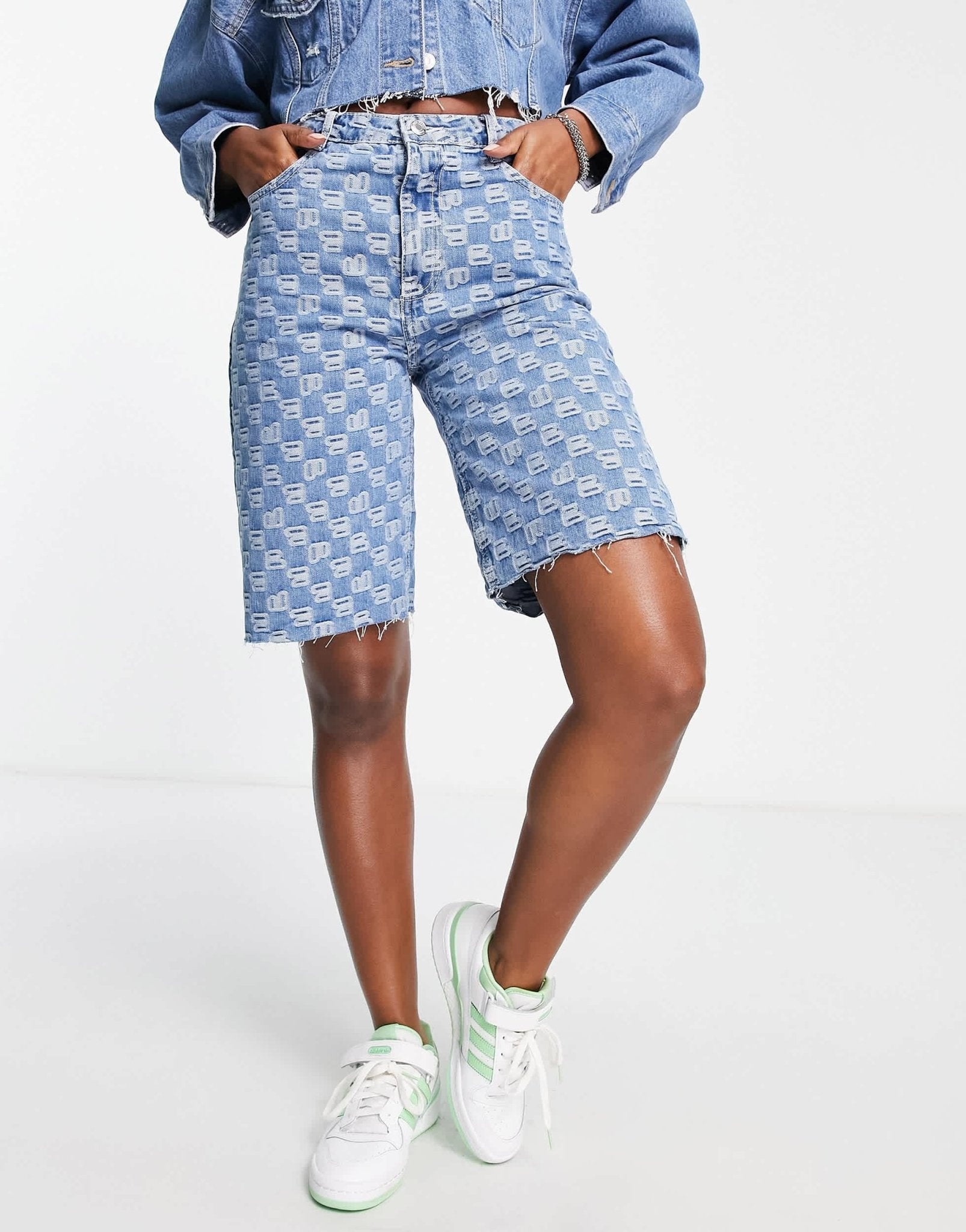 Bershka embossed logo bermuda shorts in mid blue - ASOS Sample Sale