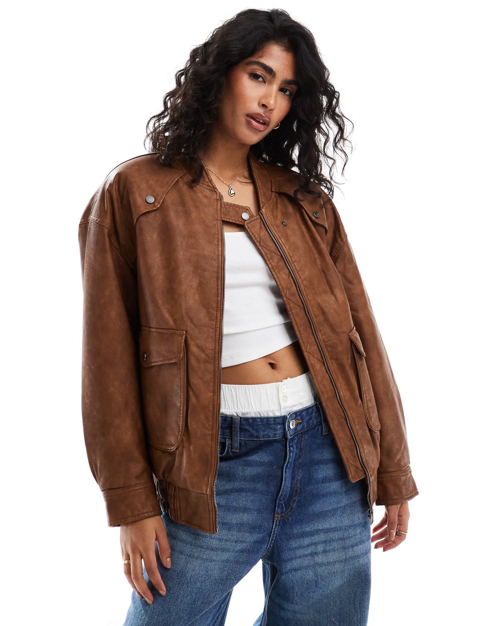 Bershka faux leather oversized bomber jacket in tobacco - ASOS Sample Sale