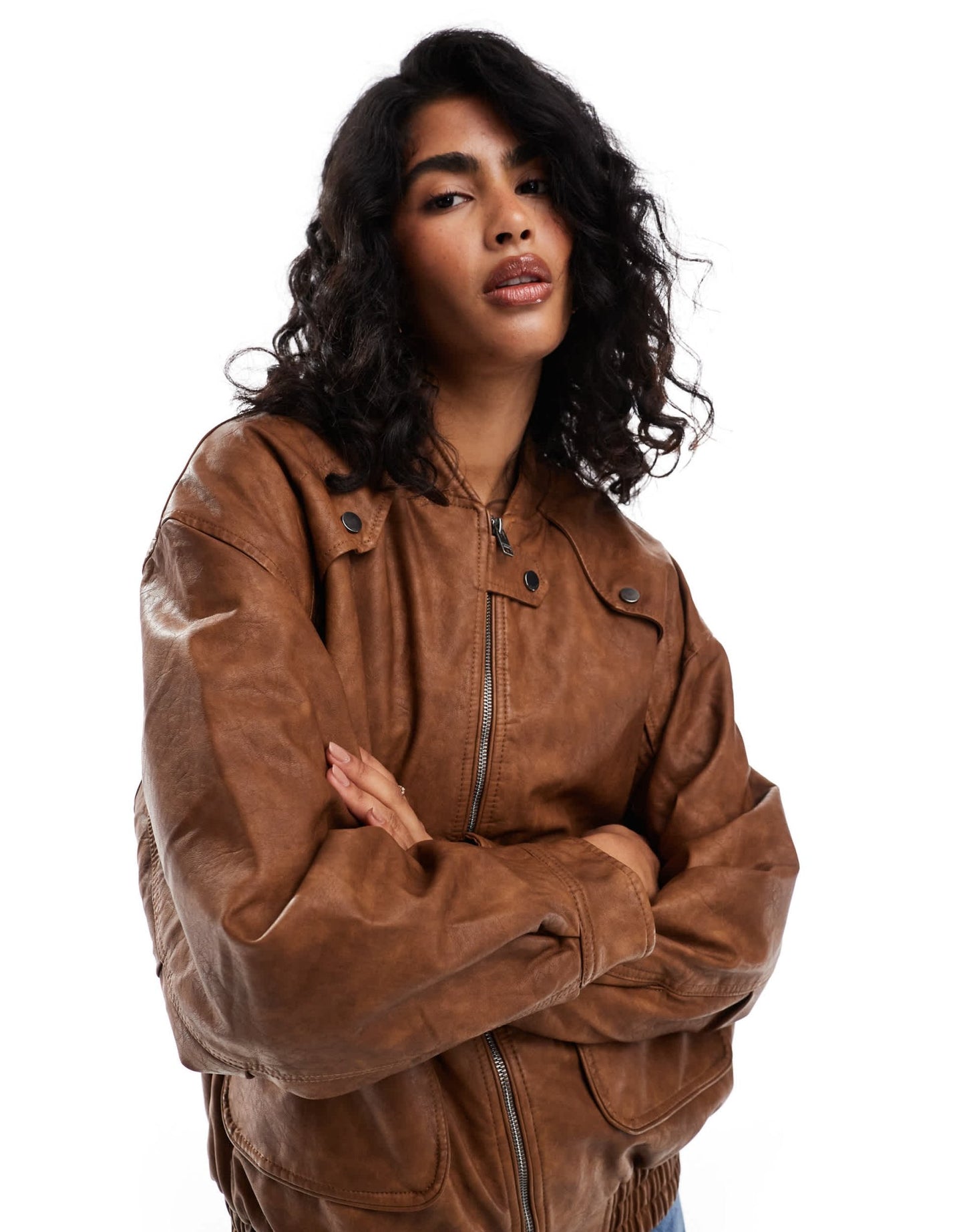 Bershka faux leather oversized bomber jacket in tobacco - ASOS Sample Sale