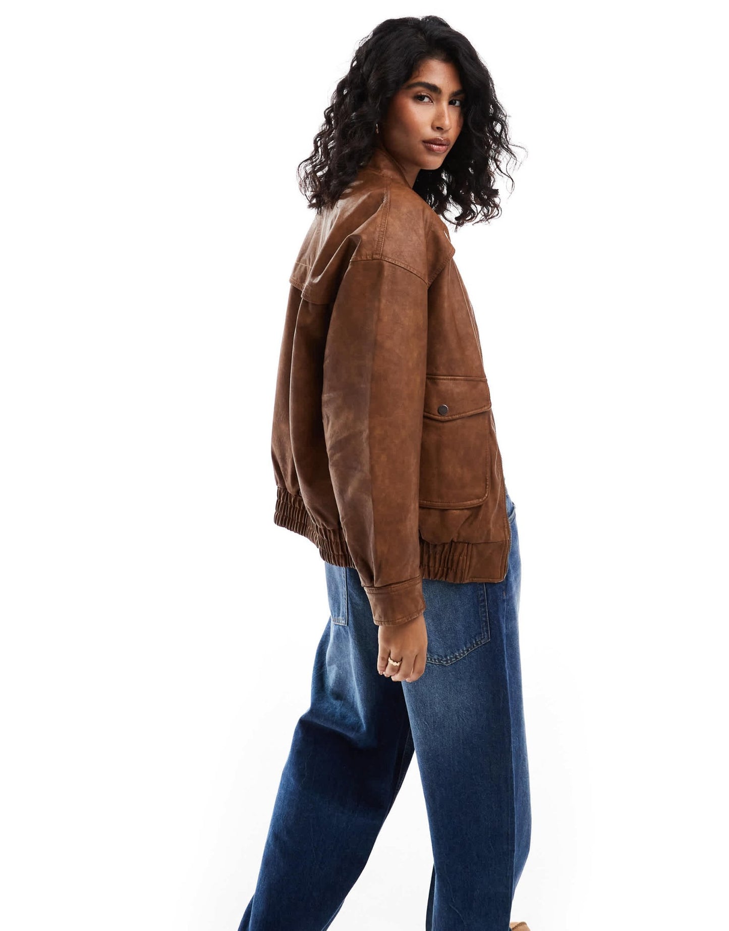 Bershka faux leather oversized bomber jacket in tobacco - ASOS Sample Sale
