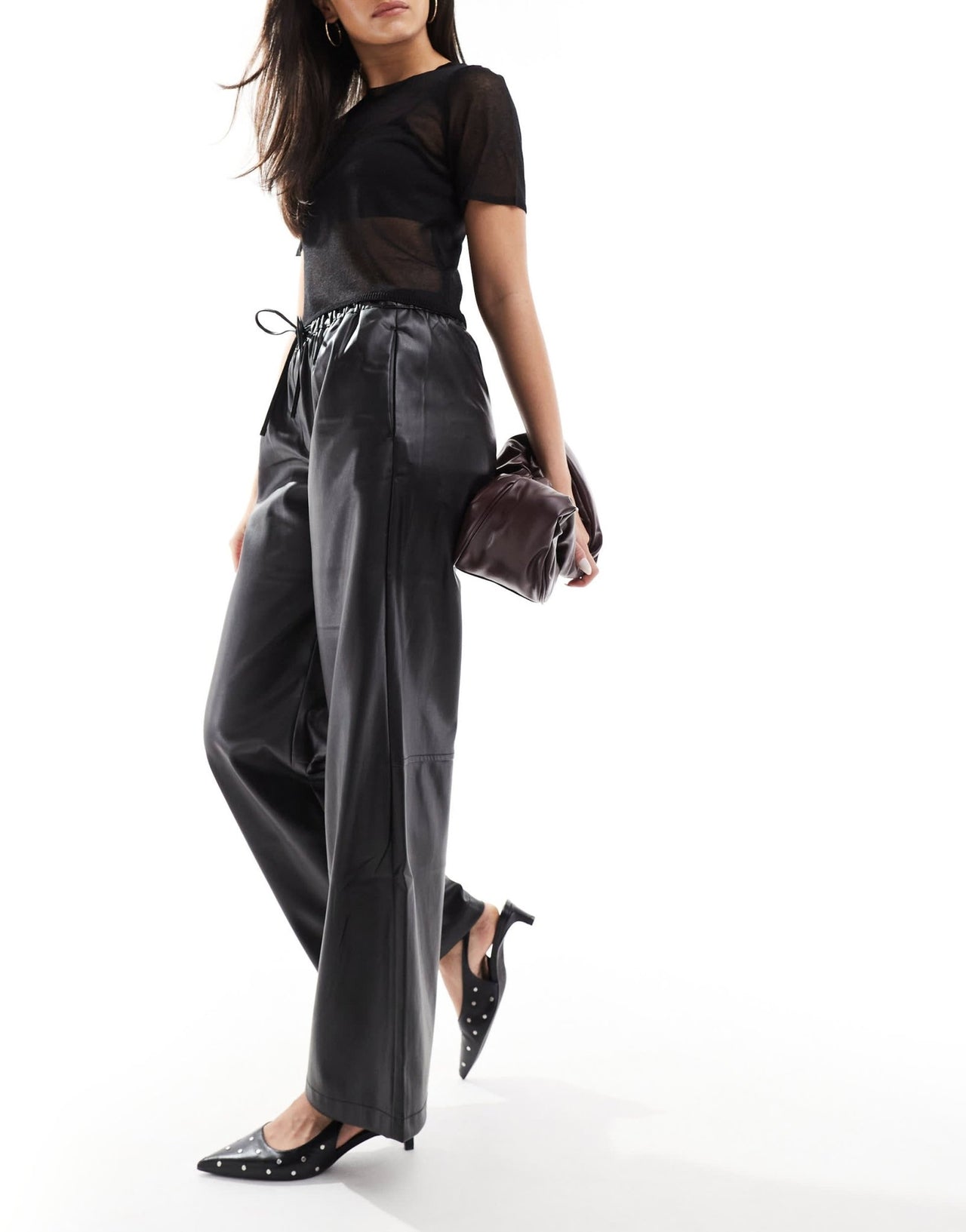 Bershka faux leather tie waist wide leg trousers in black - ASOS Sample Sale
