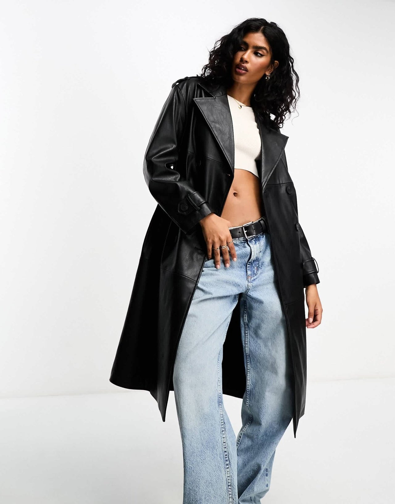 Bershka faux leather trench coat in black - ASOS Sample Sale