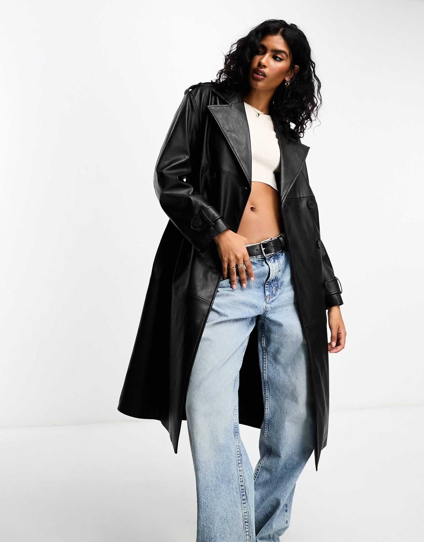 Bershka faux leather trench coat in black - ASOS Sample Sale