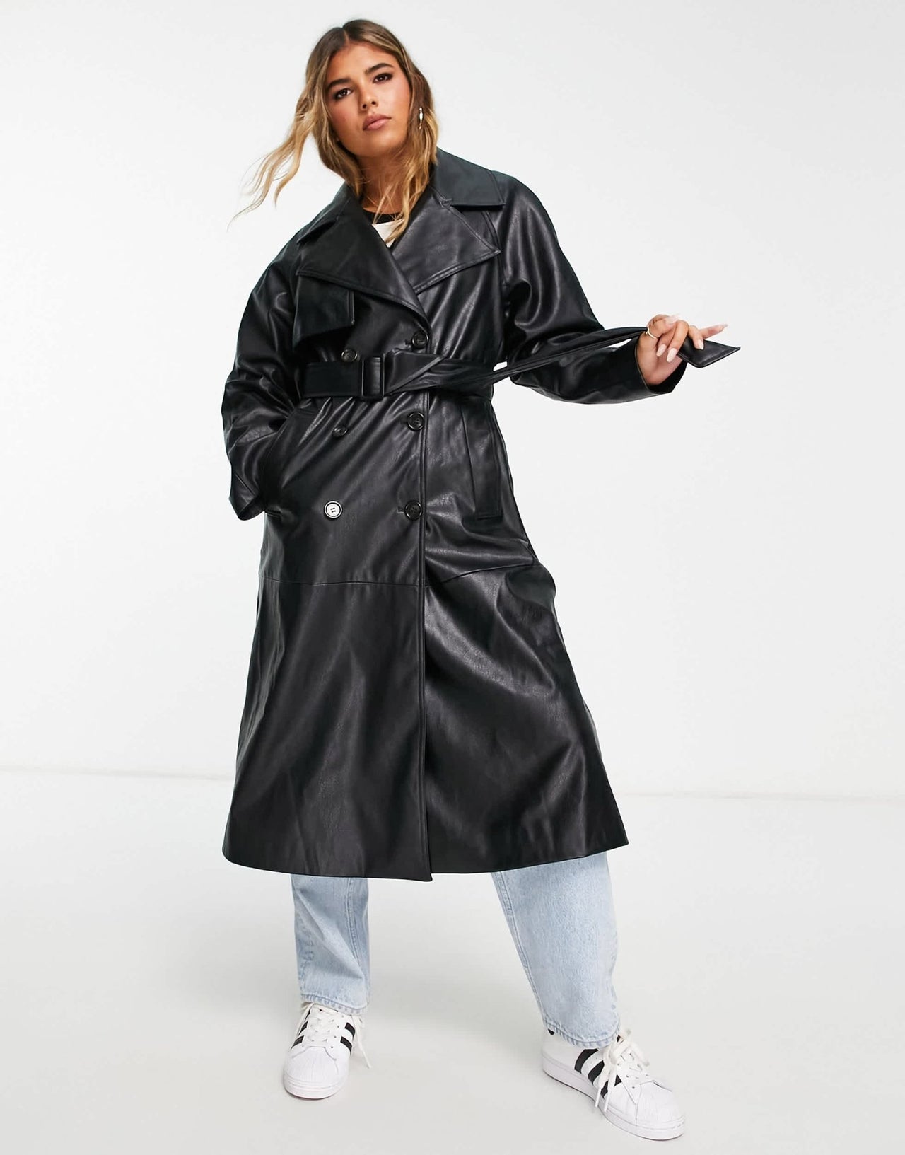 Bershka faux leather trench coat in black - ASOS Sample Sale
