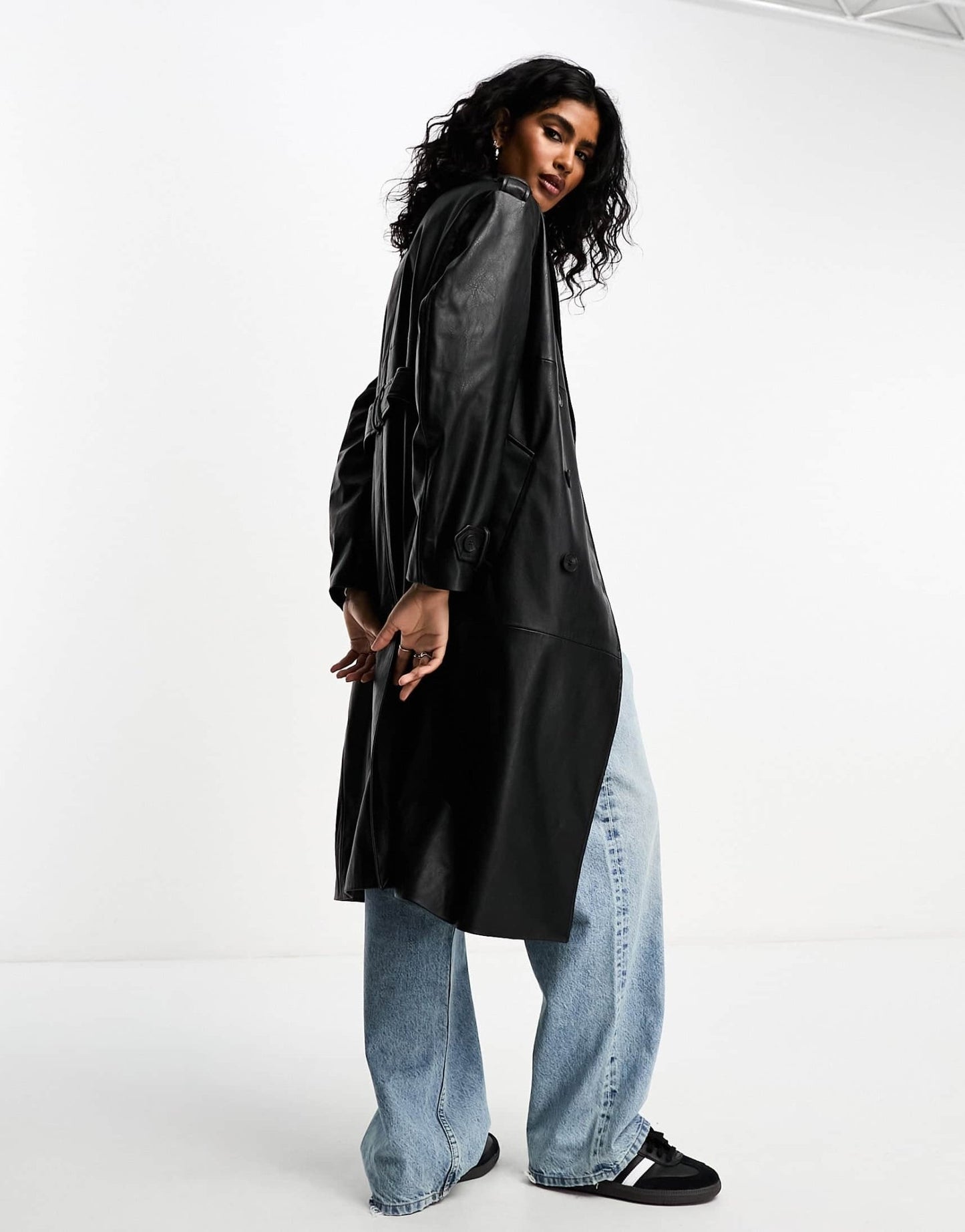Bershka faux leather trench coat in black - ASOS Sample Sale