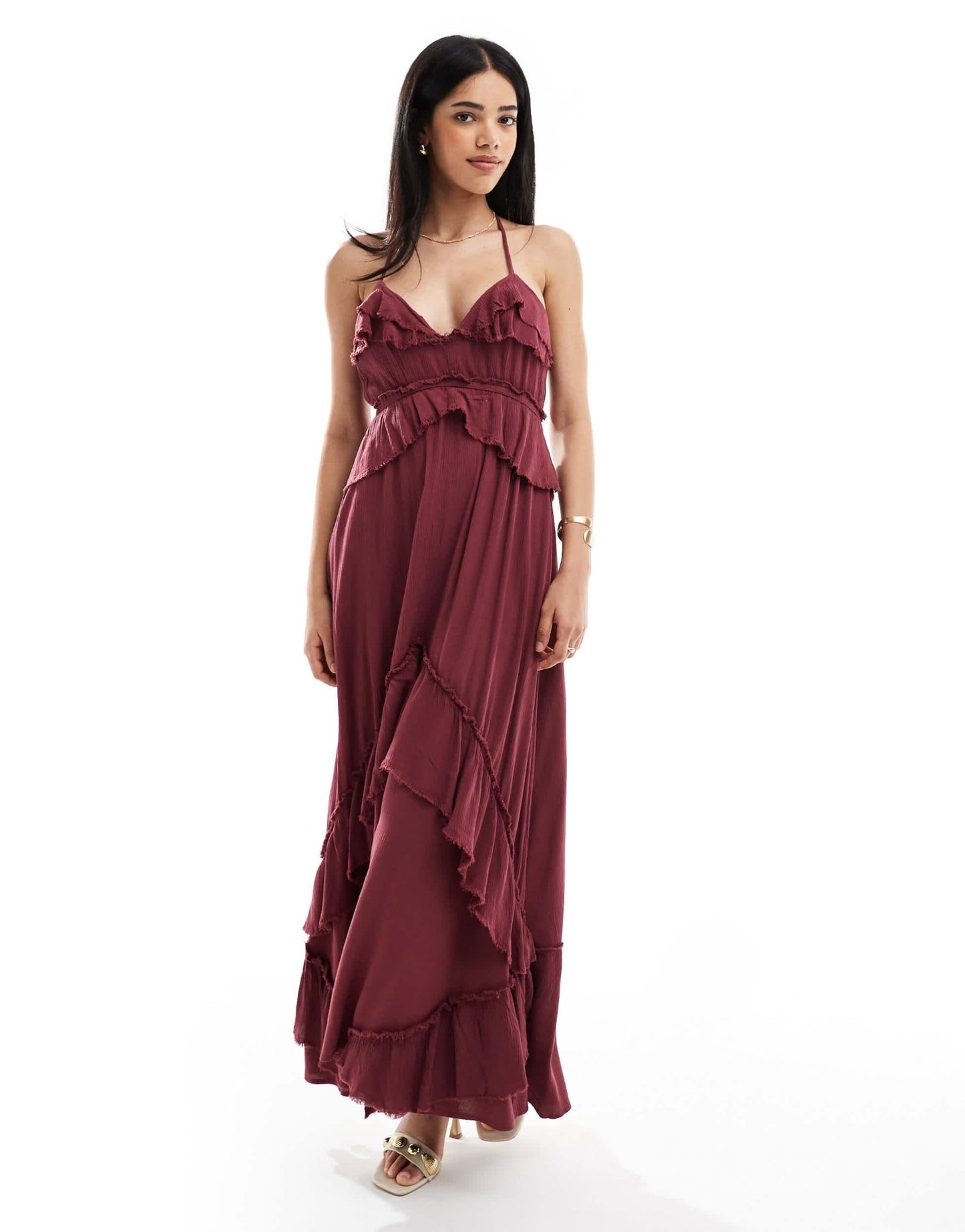 Bershka frill detail occasion maxi dress in burgundy - ASOS Sample Sale